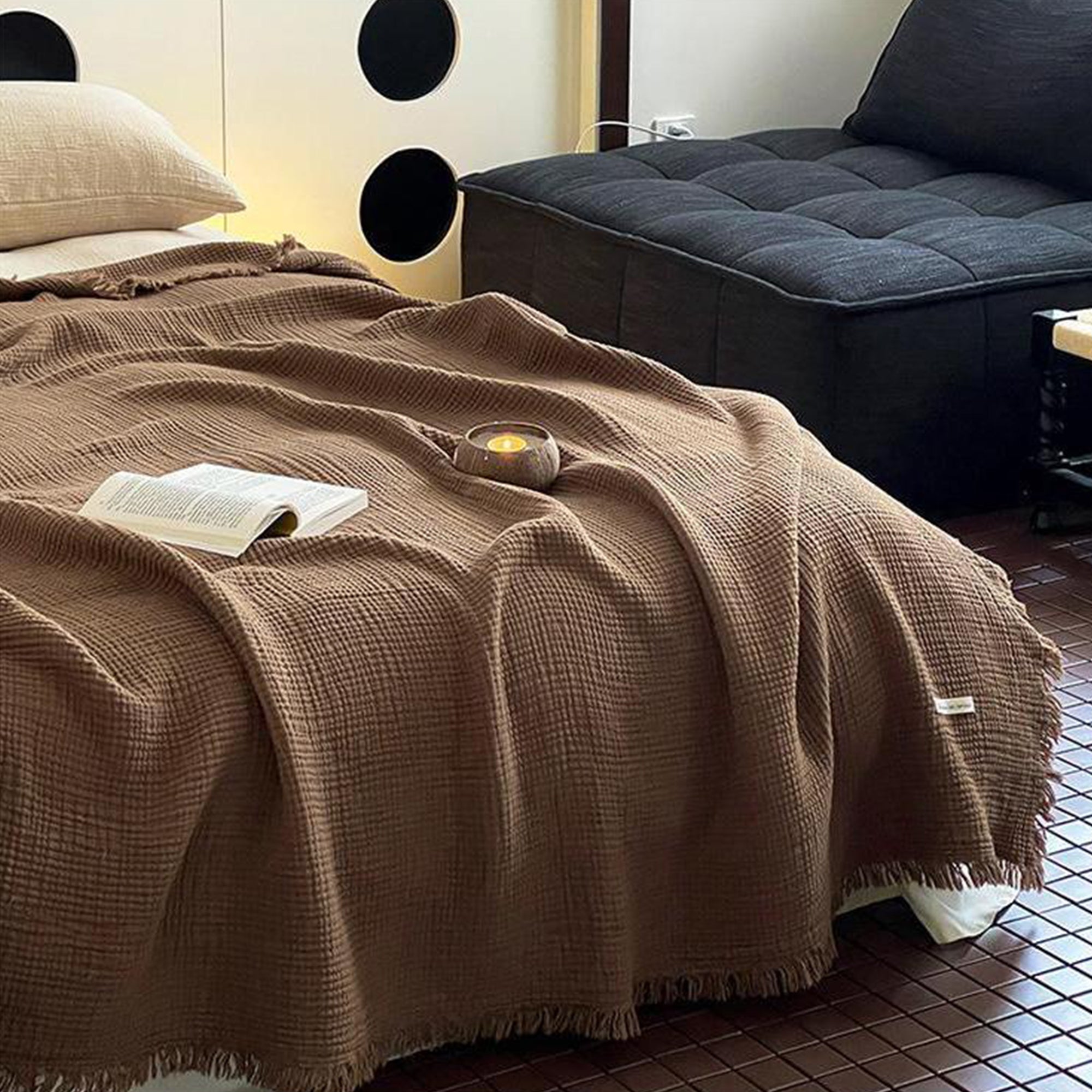 Cotton Waffle Knit Throw Blanket with Fringe – Boho Couch Cover & Cozy Quilt