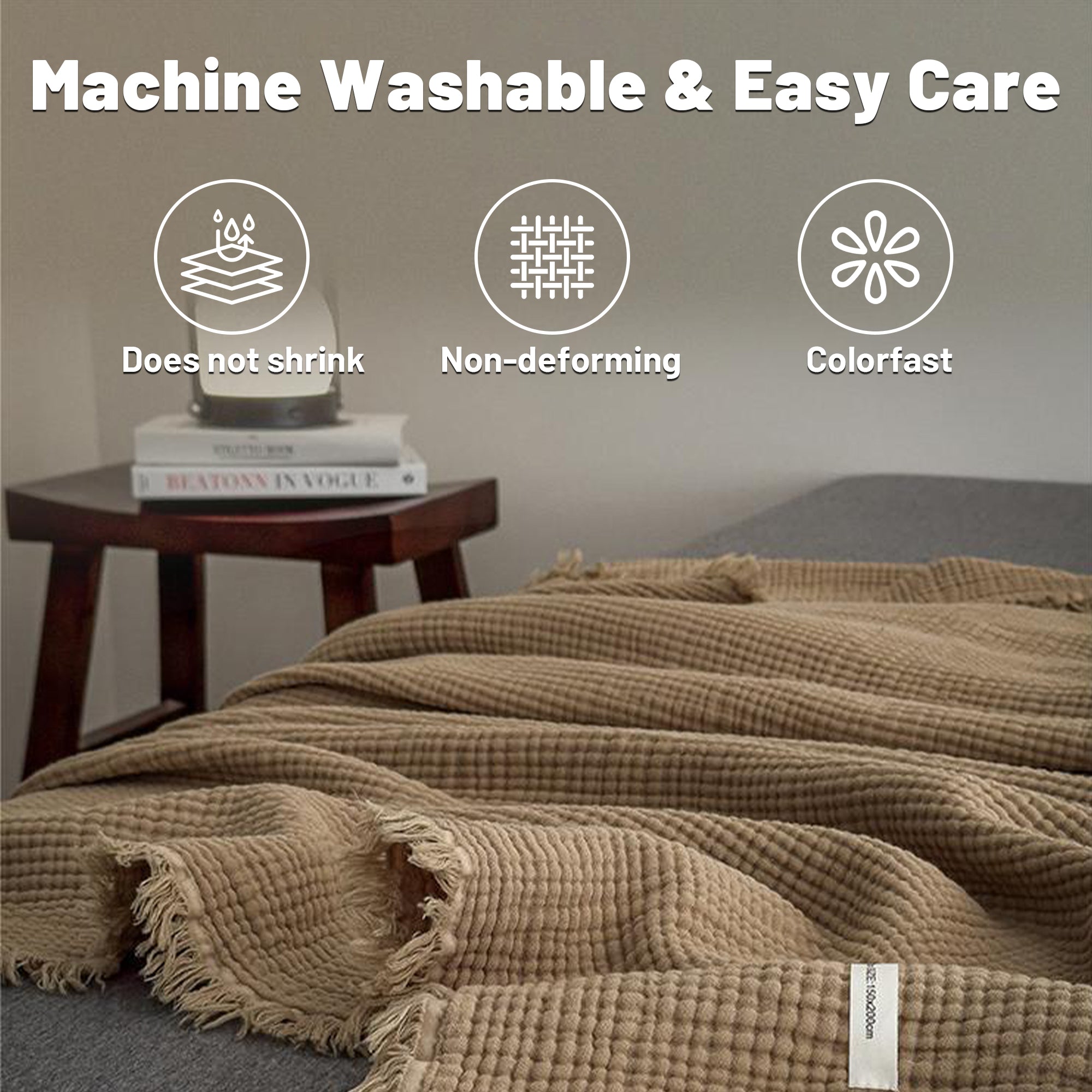 Cotton Waffle Knit Throw Blanket with Fringe – Boho Couch Cover & Cozy Quilt