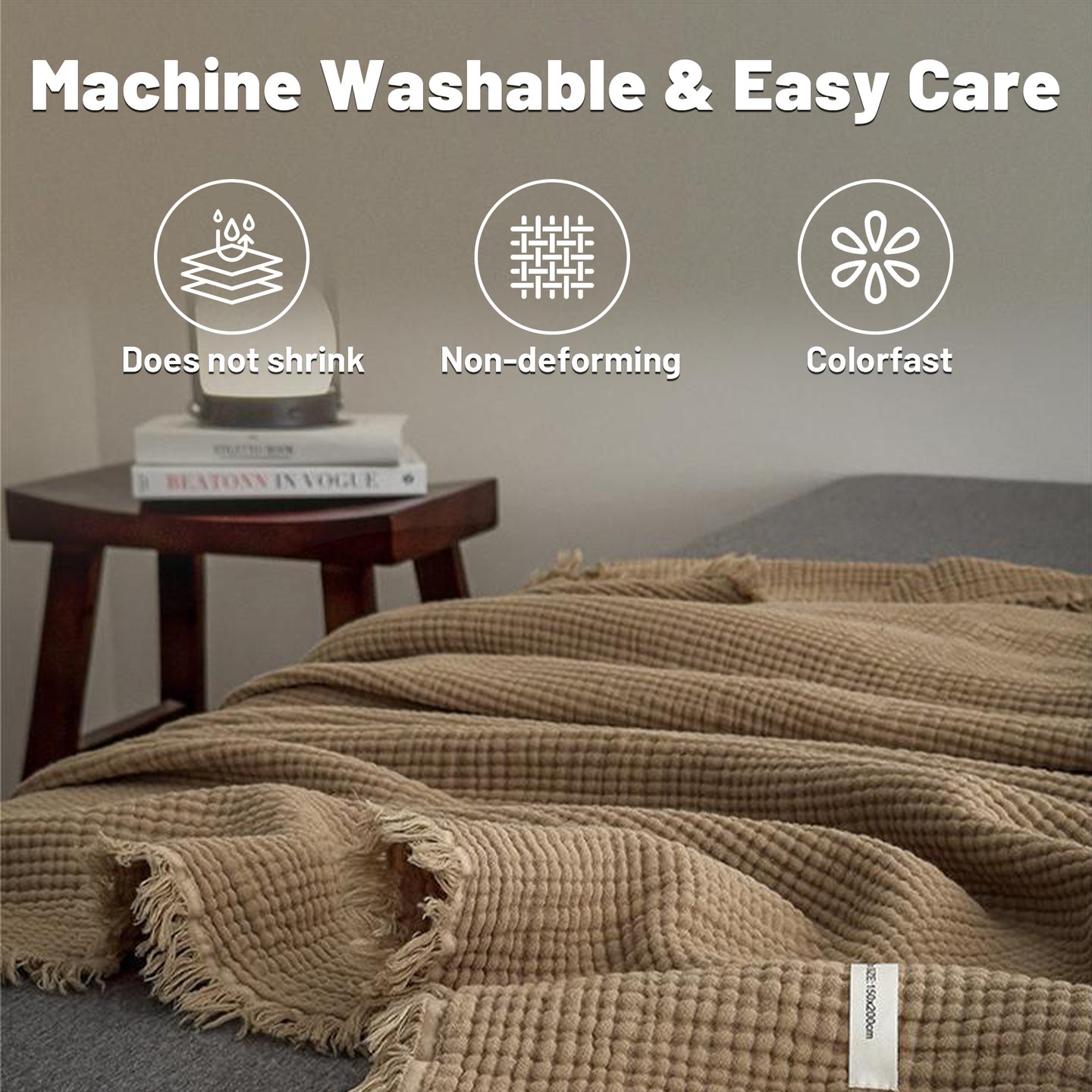 Cotton Waffle Knit Throw Blanket with Fringe – Boho Couch Cover & Cozy Quilt
