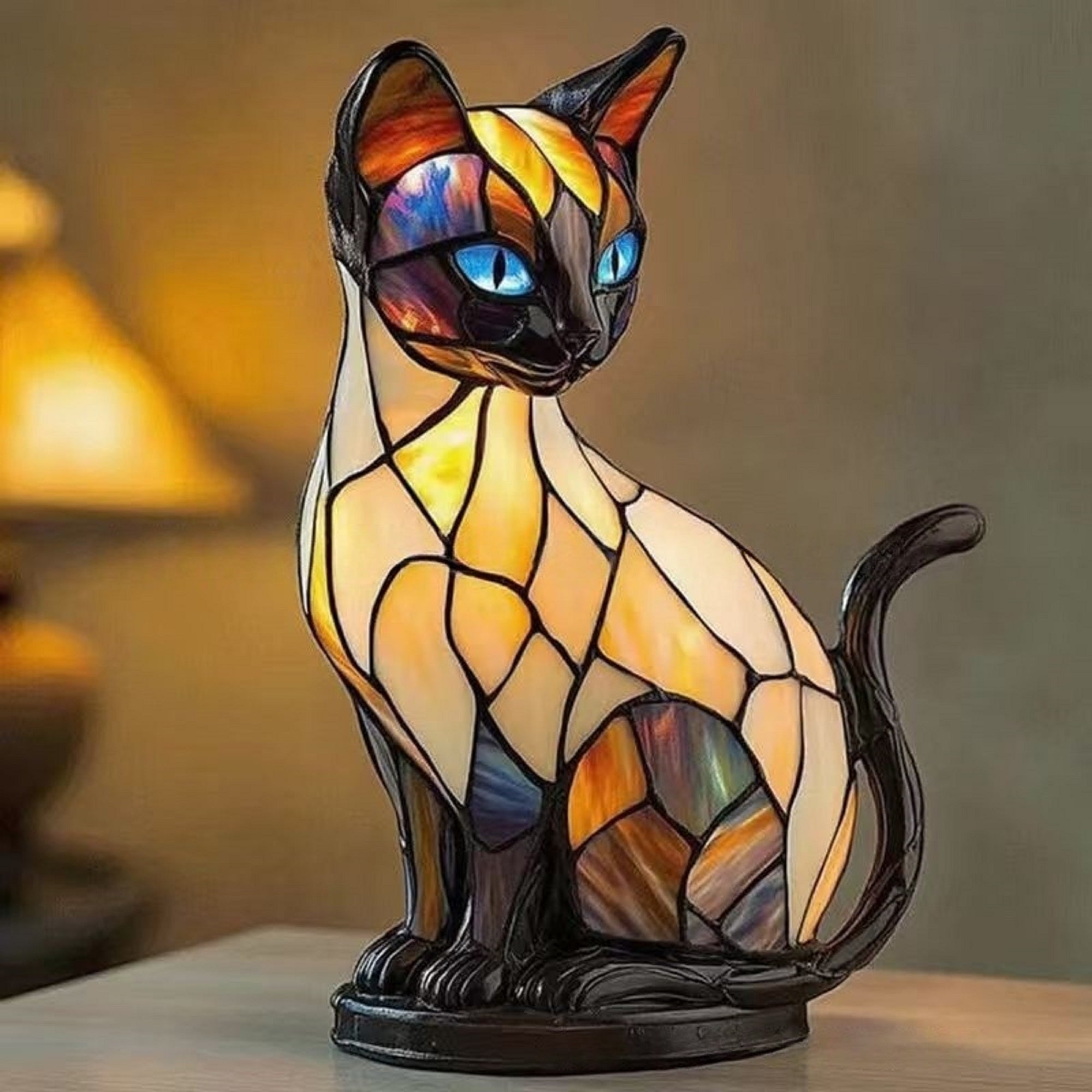 Aesthetic Resin Cat Table Lamp with Glowing Blue Eyes Ultimate Gift for Cat Lovers