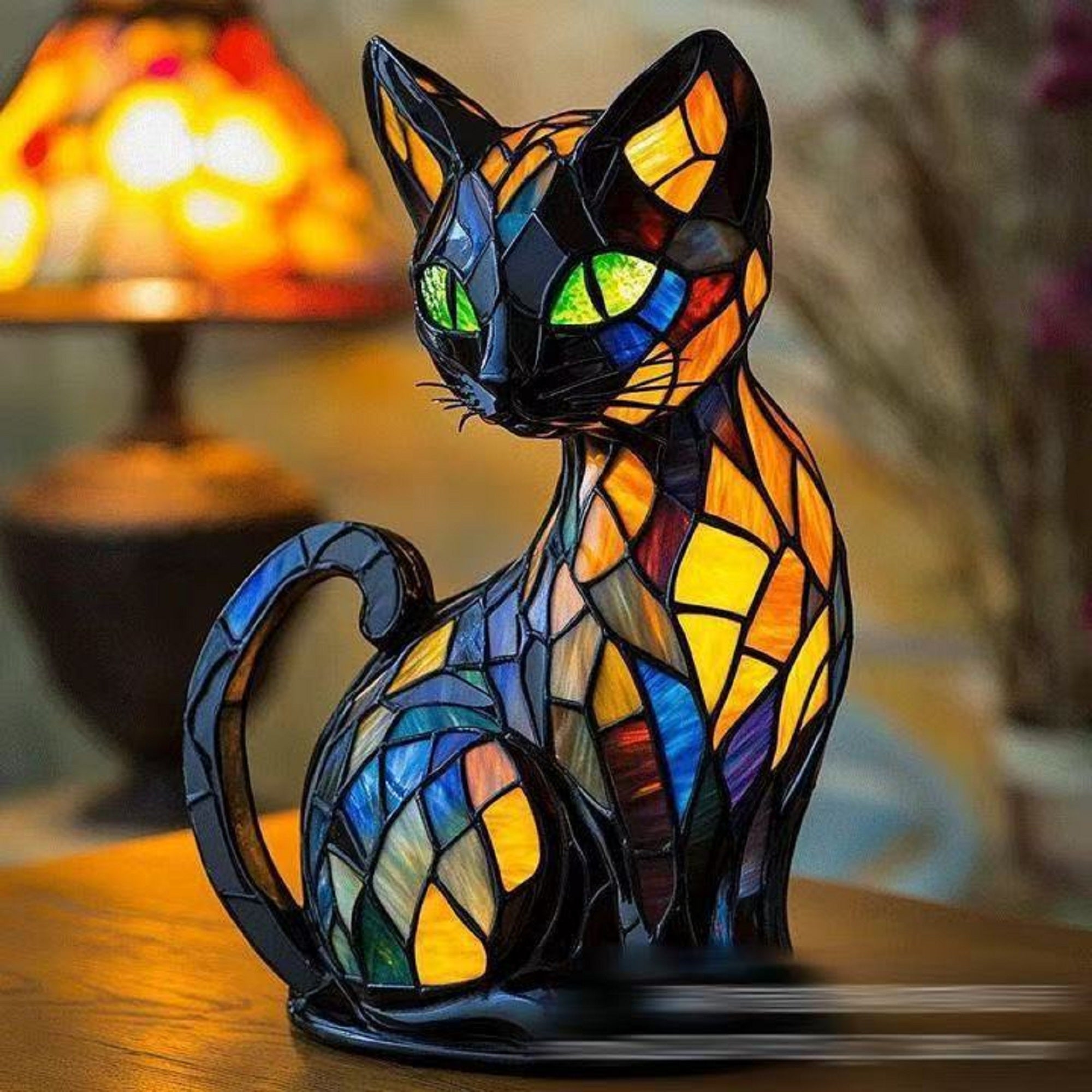 Aesthetic Resin Cat Table Lamp with Glowing Blue Eyes Ultimate Gift for Cat Lovers