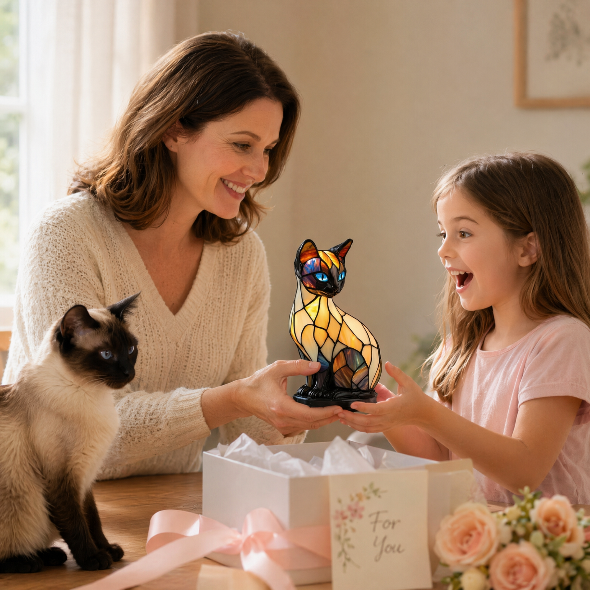 Aesthetic Resin Cat Table Lamp with Glowing Blue Eyes Ultimate Gift for Cat Lovers
