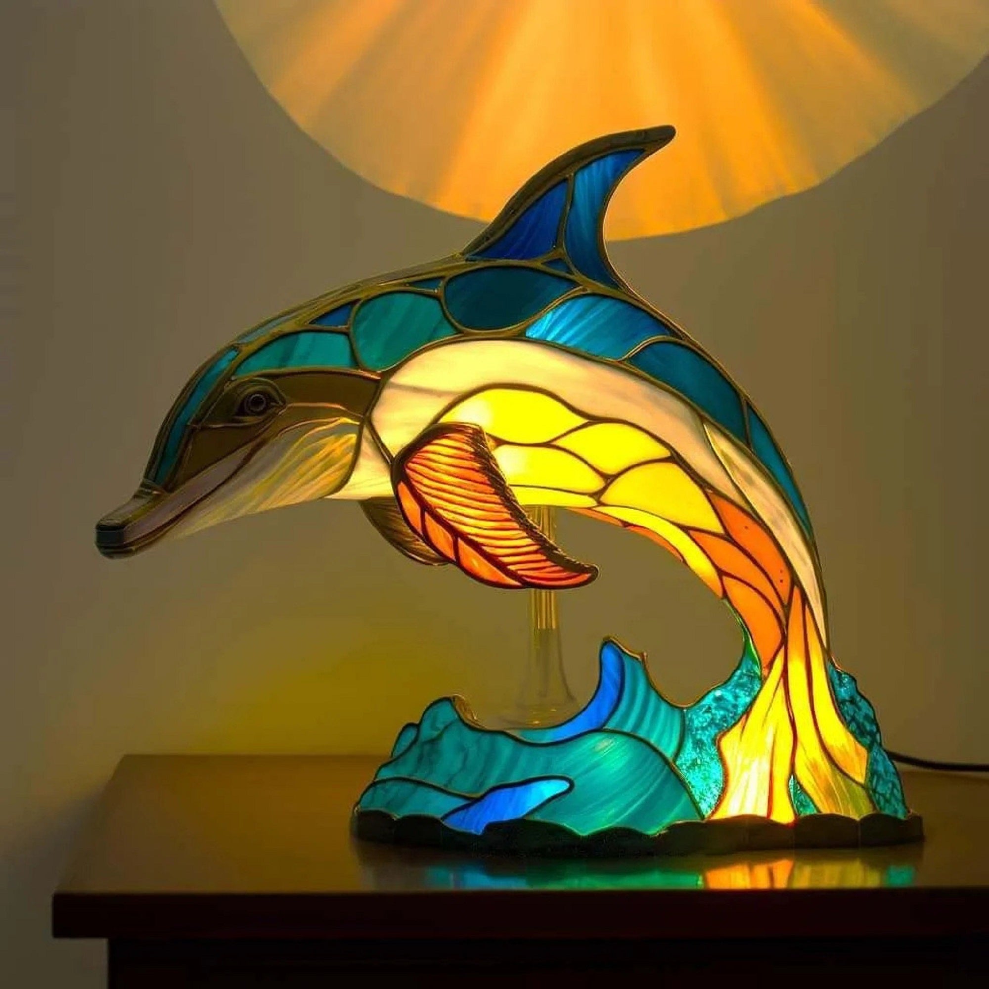 Vintage Stained Glass Ocean Lamp Resin Dolphin, Sea Turtle & Tropical Fish Nightlight