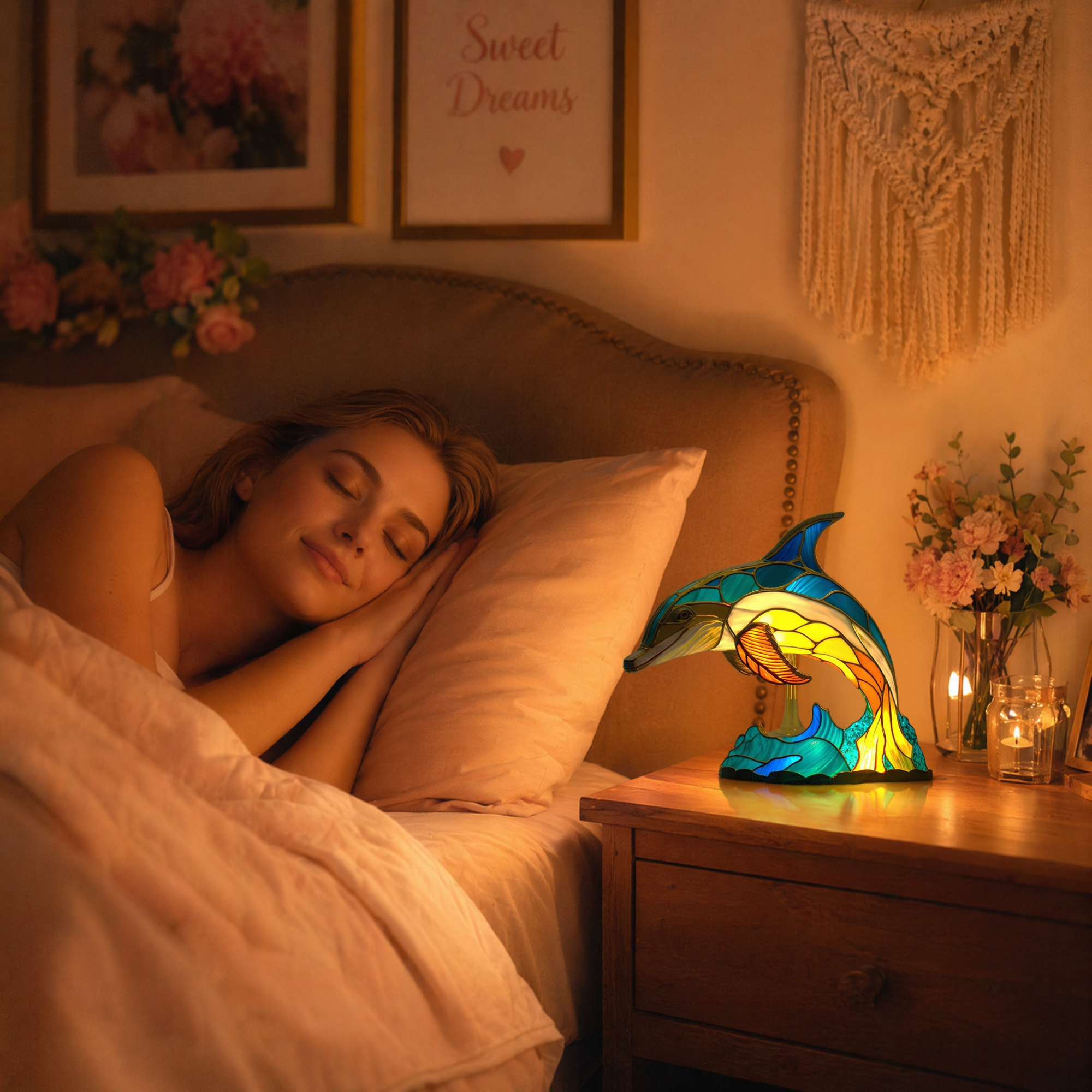 Vintage Stained Glass Ocean Lamp Resin Dolphin, Sea Turtle & Tropical Fish Nightlight