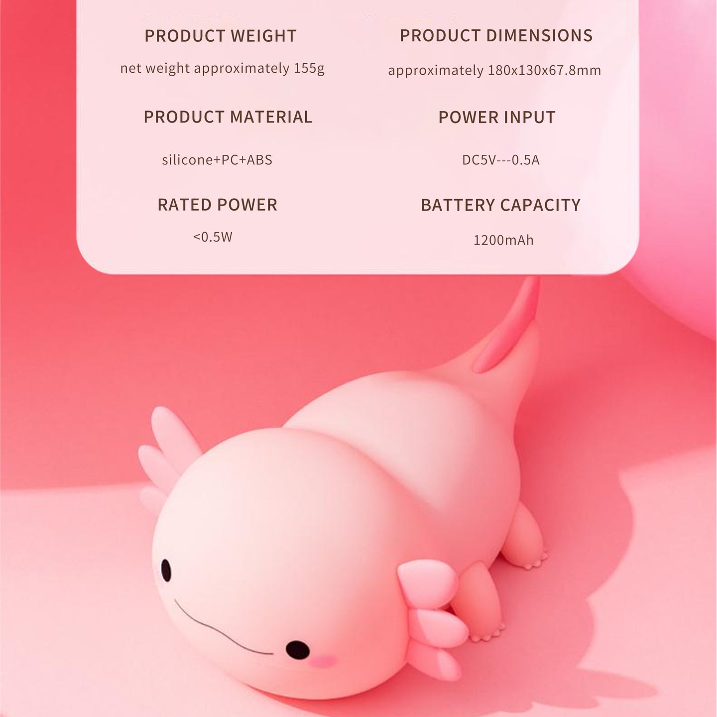 Axolotl Silicone Rechargeable Squishy Ambient Lamp with Tap Control & Sleep Timer