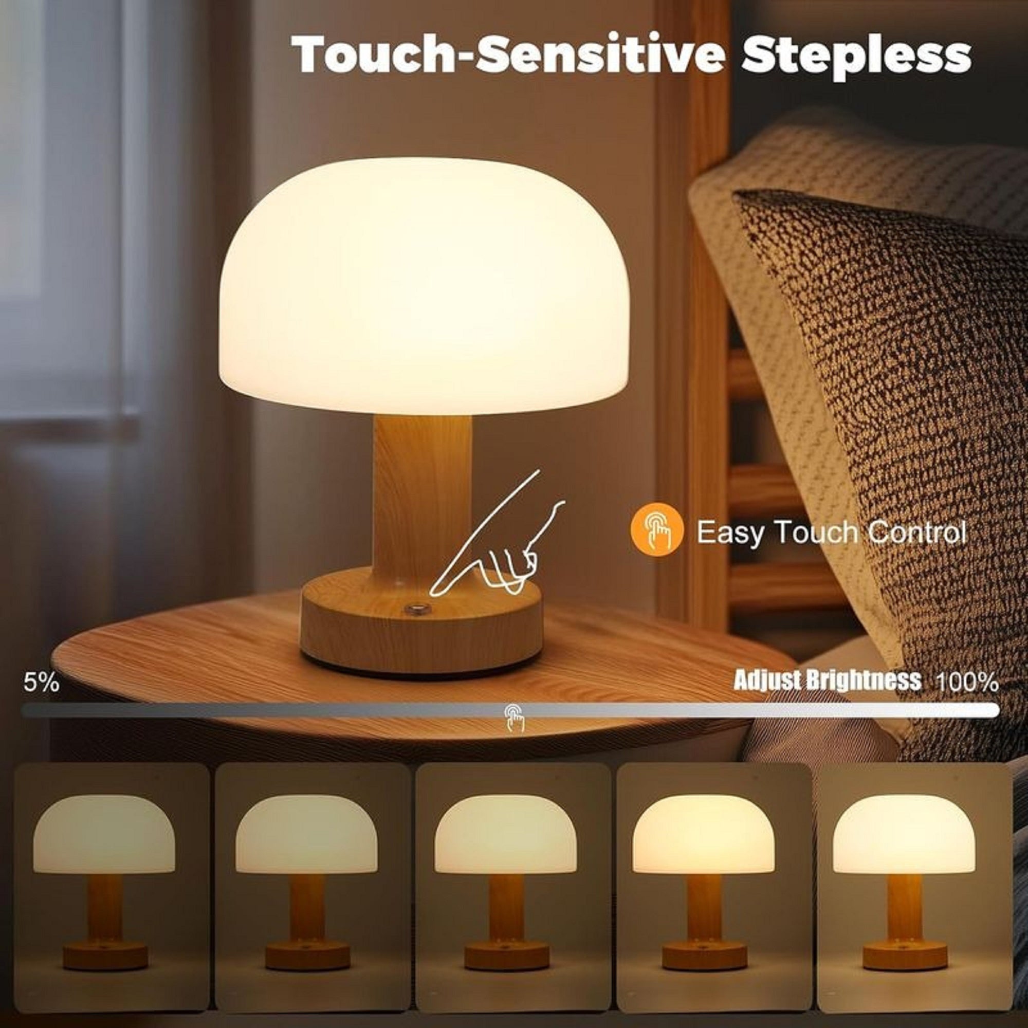 Rechargeable Touch Control Ambient Table Lamp – 3 Color Dimmable Portable Night Light