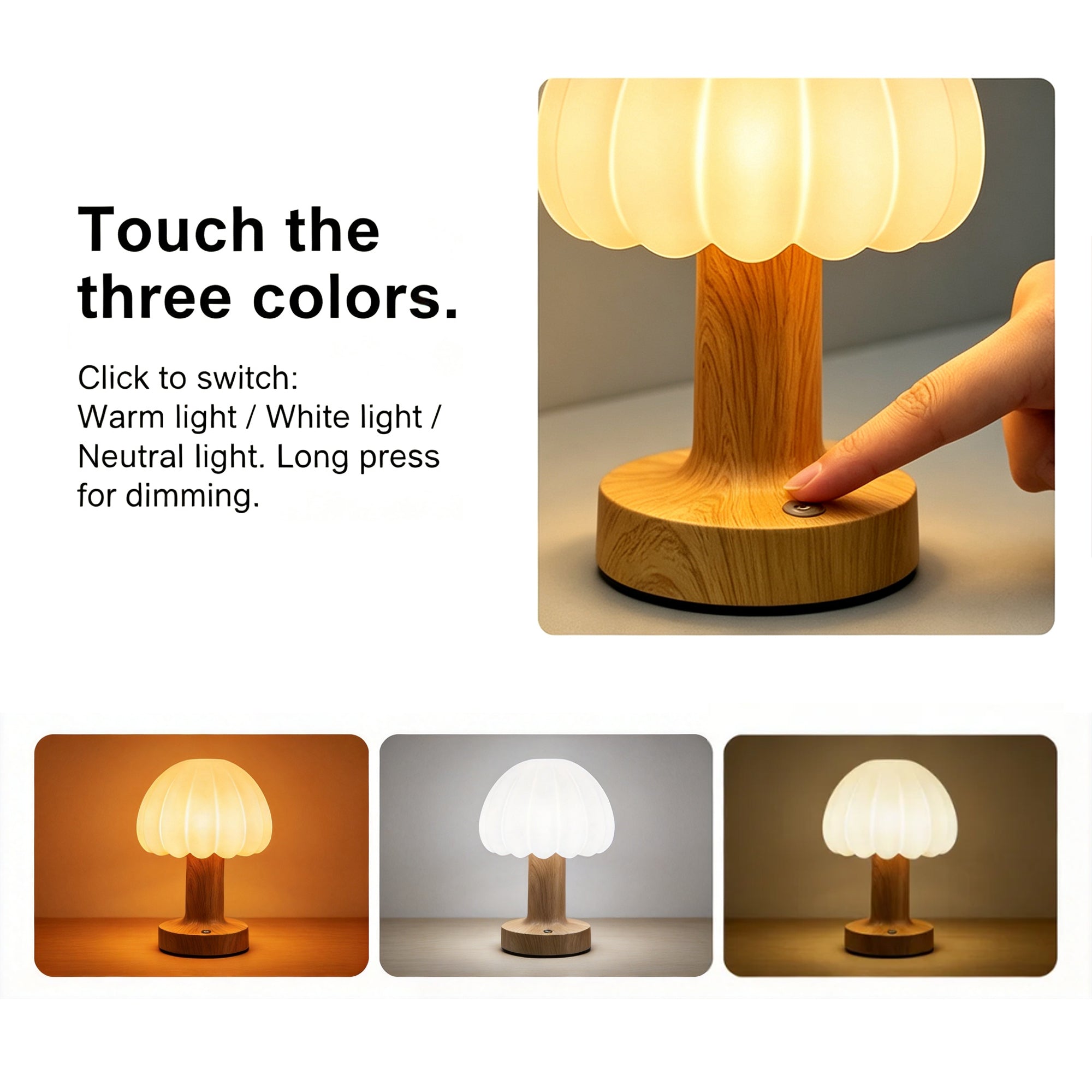 Rechargeable Touch Control Mushroom Lamp – 3 Color Dimmable Portable Night Light
