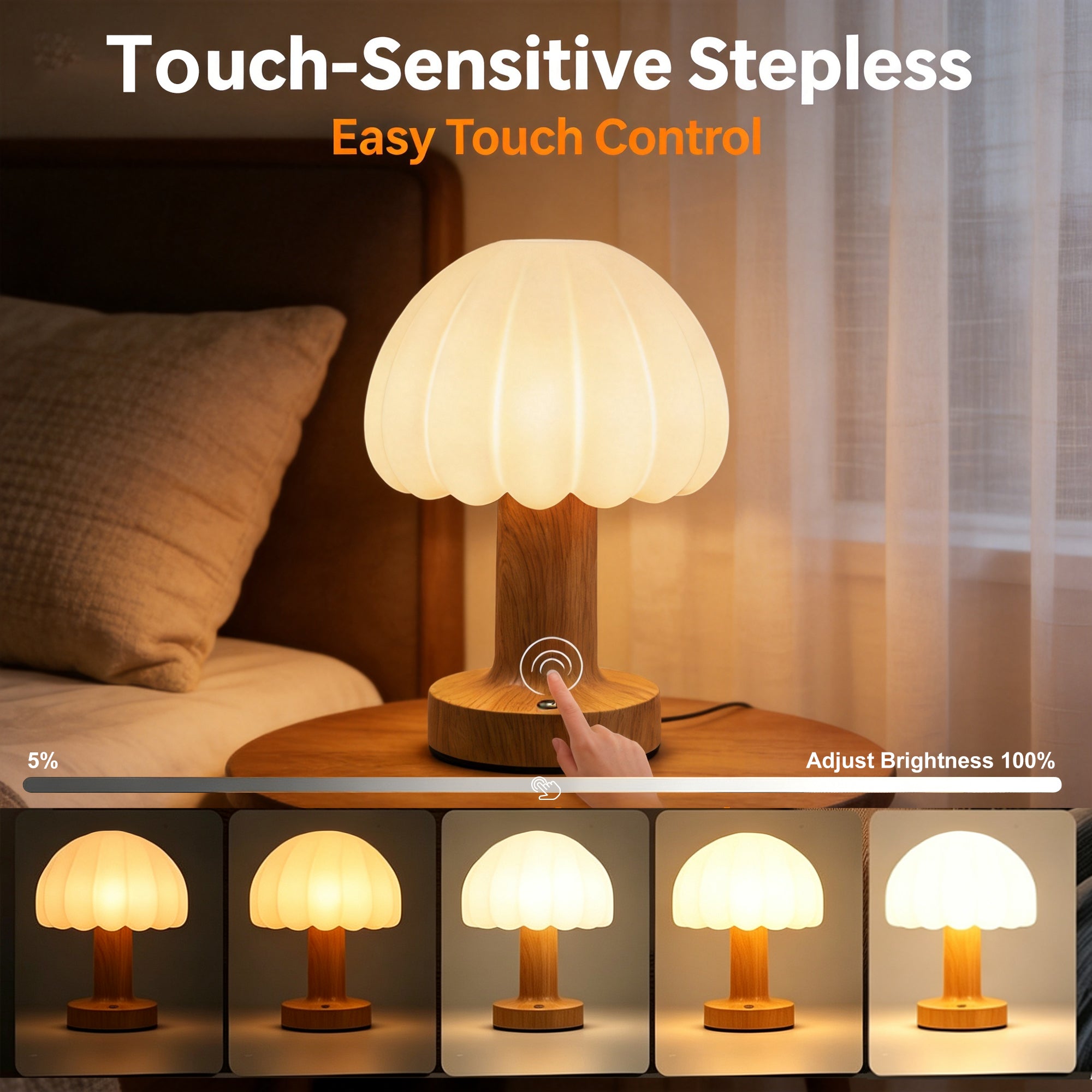Rechargeable Touch Control Mushroom Lamp – 3 Color Dimmable Portable Night Light