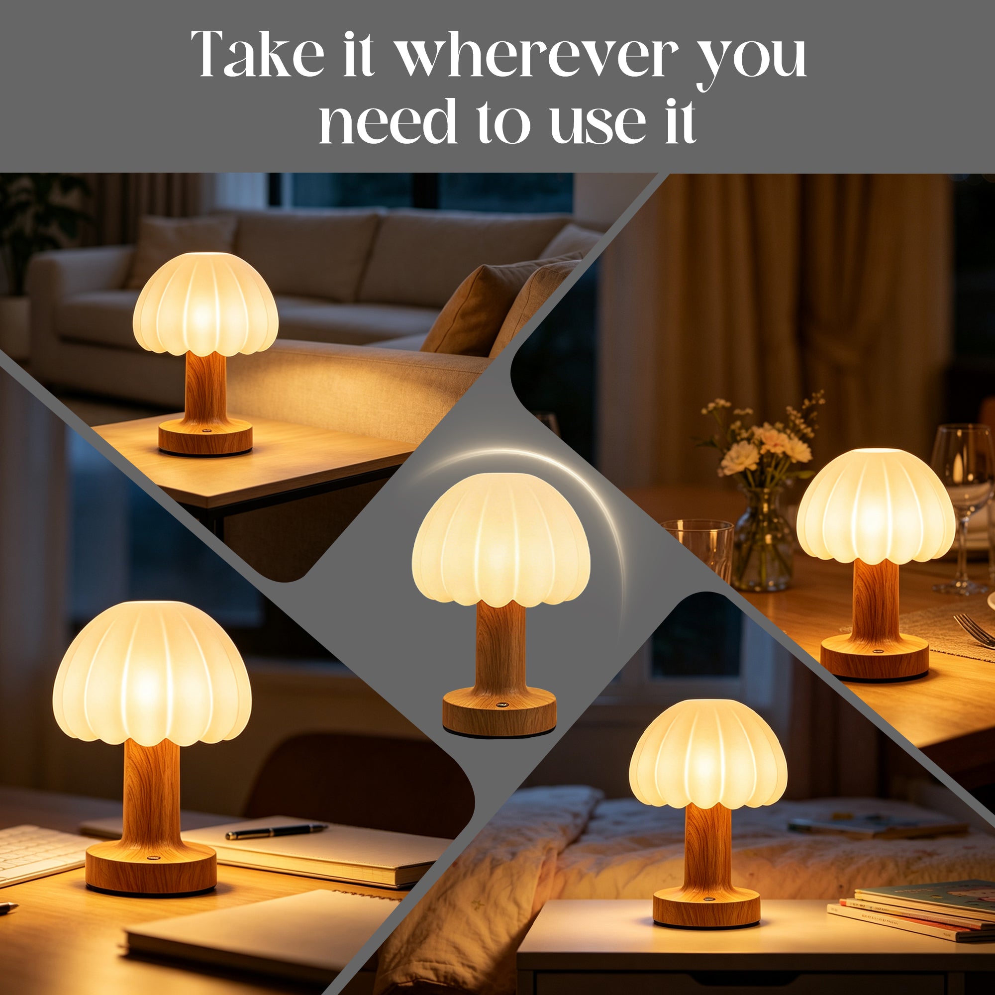 Rechargeable Touch Control Mushroom Lamp – 3 Color Dimmable Portable Night Light