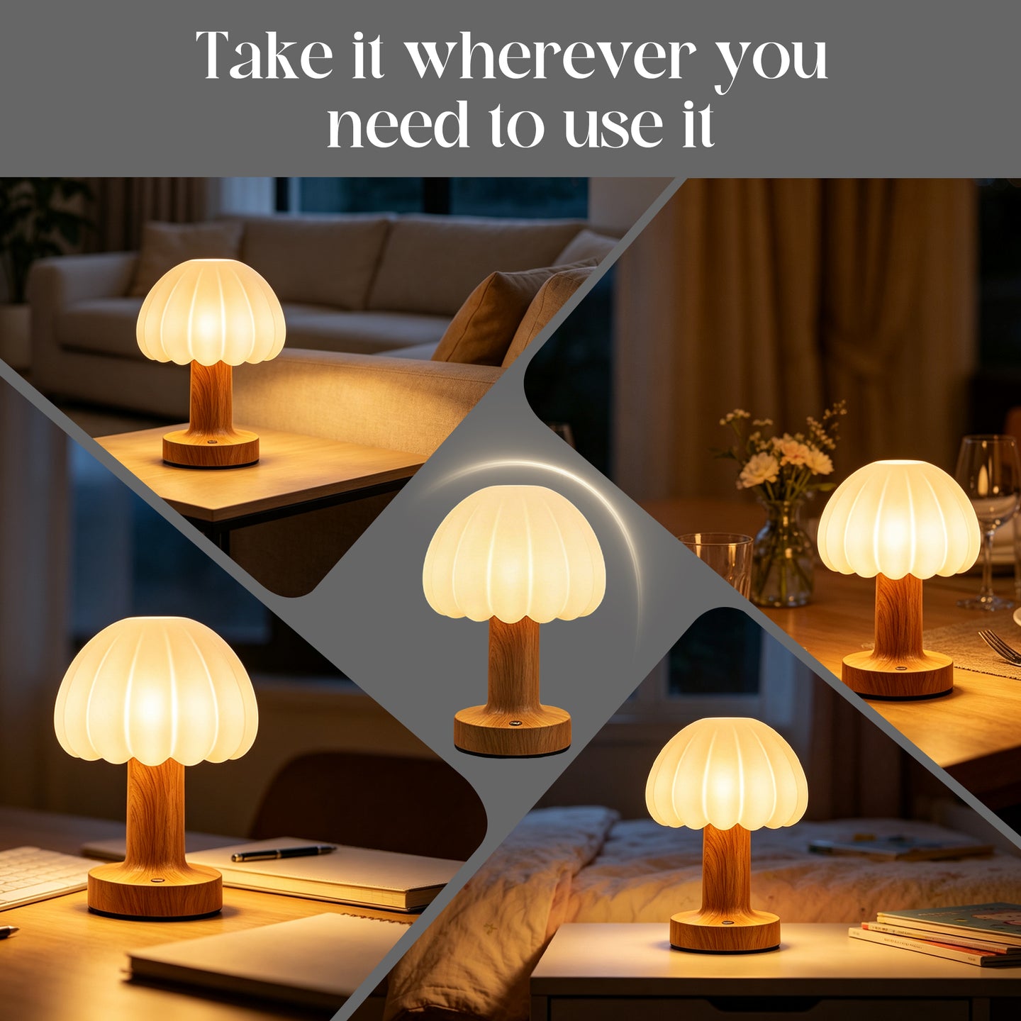 Rechargeable Touch Control Mushroom Lamp – 3 Color Dimmable Portable Night Light