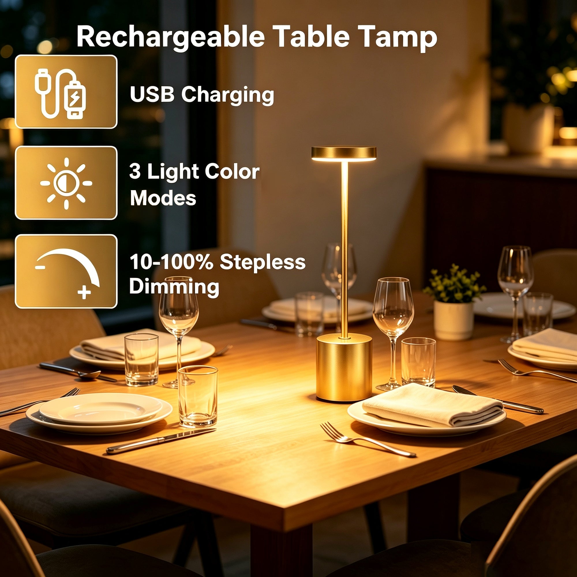 Cordless LED Table Lamp: 3-Color Touch Dimmable Rechargeable Portable Nightlight