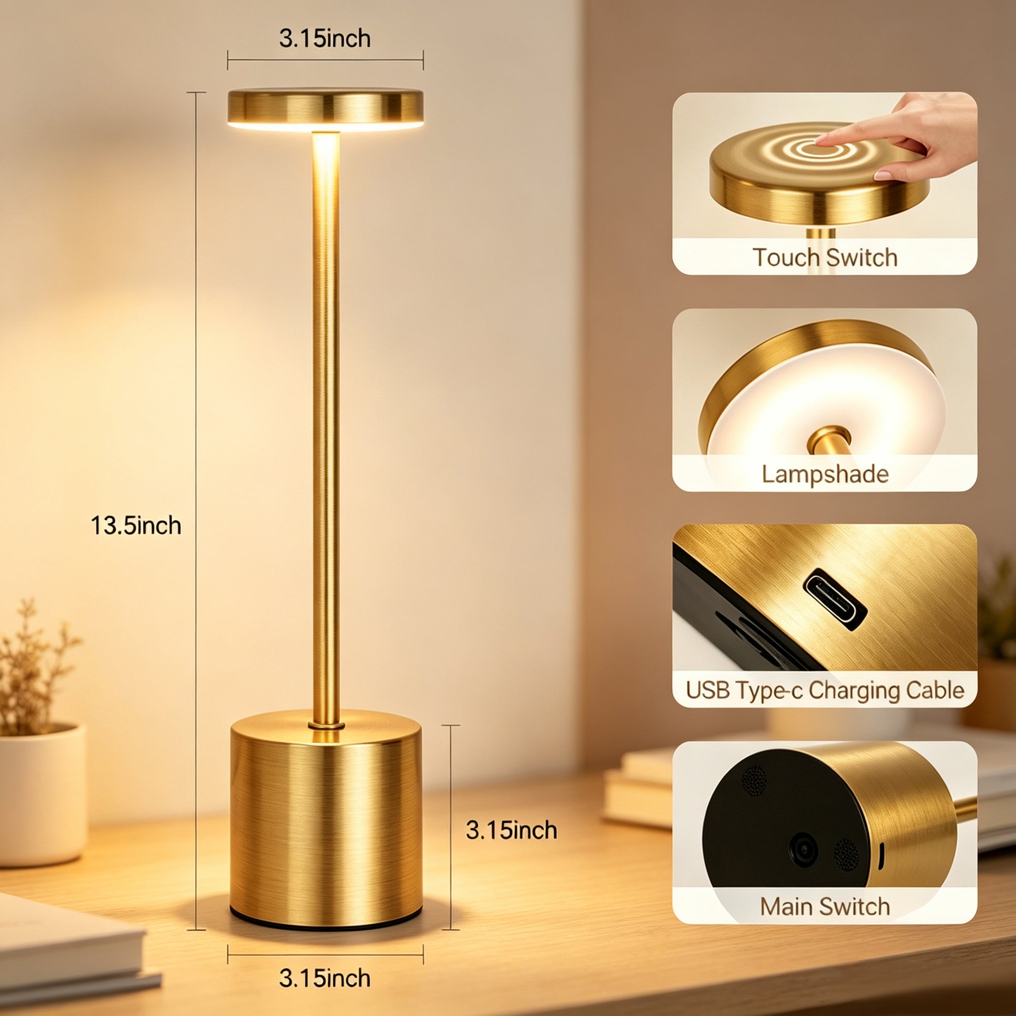 Cordless LED Table Lamp: 3-Color Touch Dimmable Rechargeable Portable Nightlight