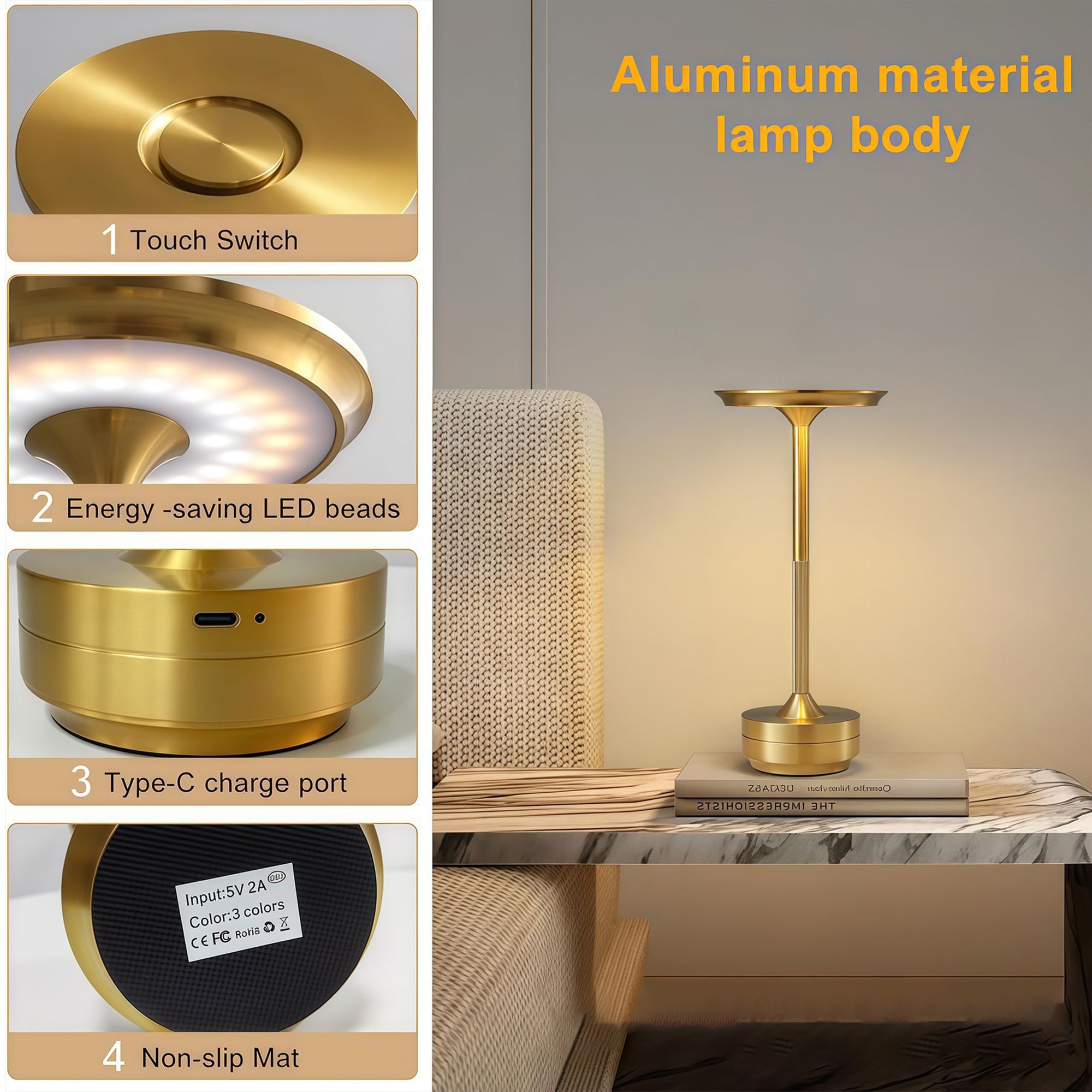 Elegant Rechargeable Dimmable Metal Touch LED Cordless Table Lamp