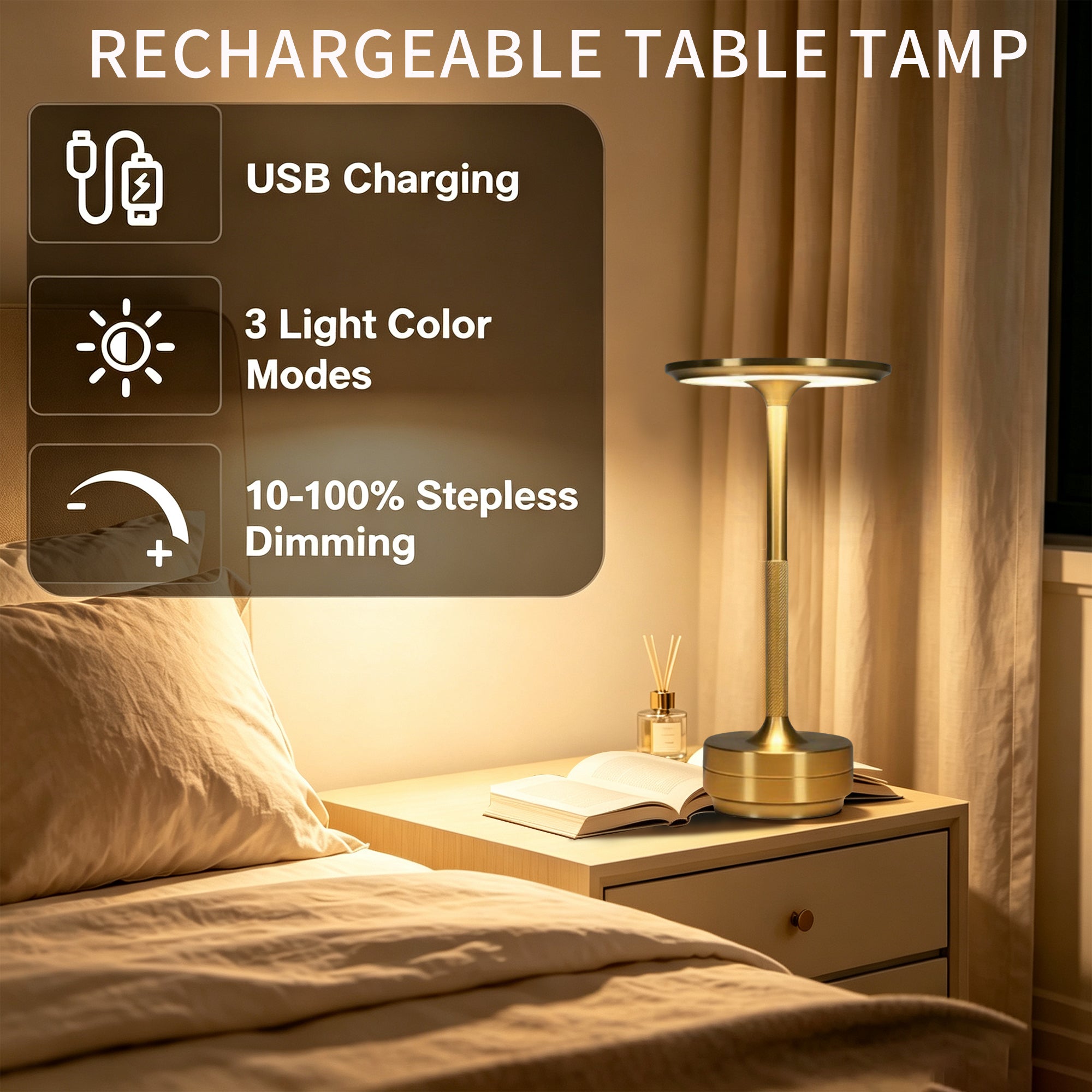 Elegant Rechargeable Dimmable Metal Touch LED Cordless Table Lamp