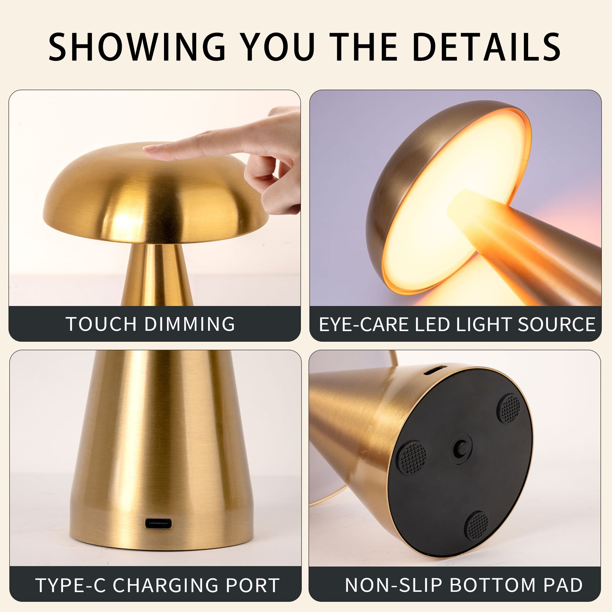 Portable Mushroom LED Table Lamp - Cordless Touch Dimmable Retro Bedside Nightlight