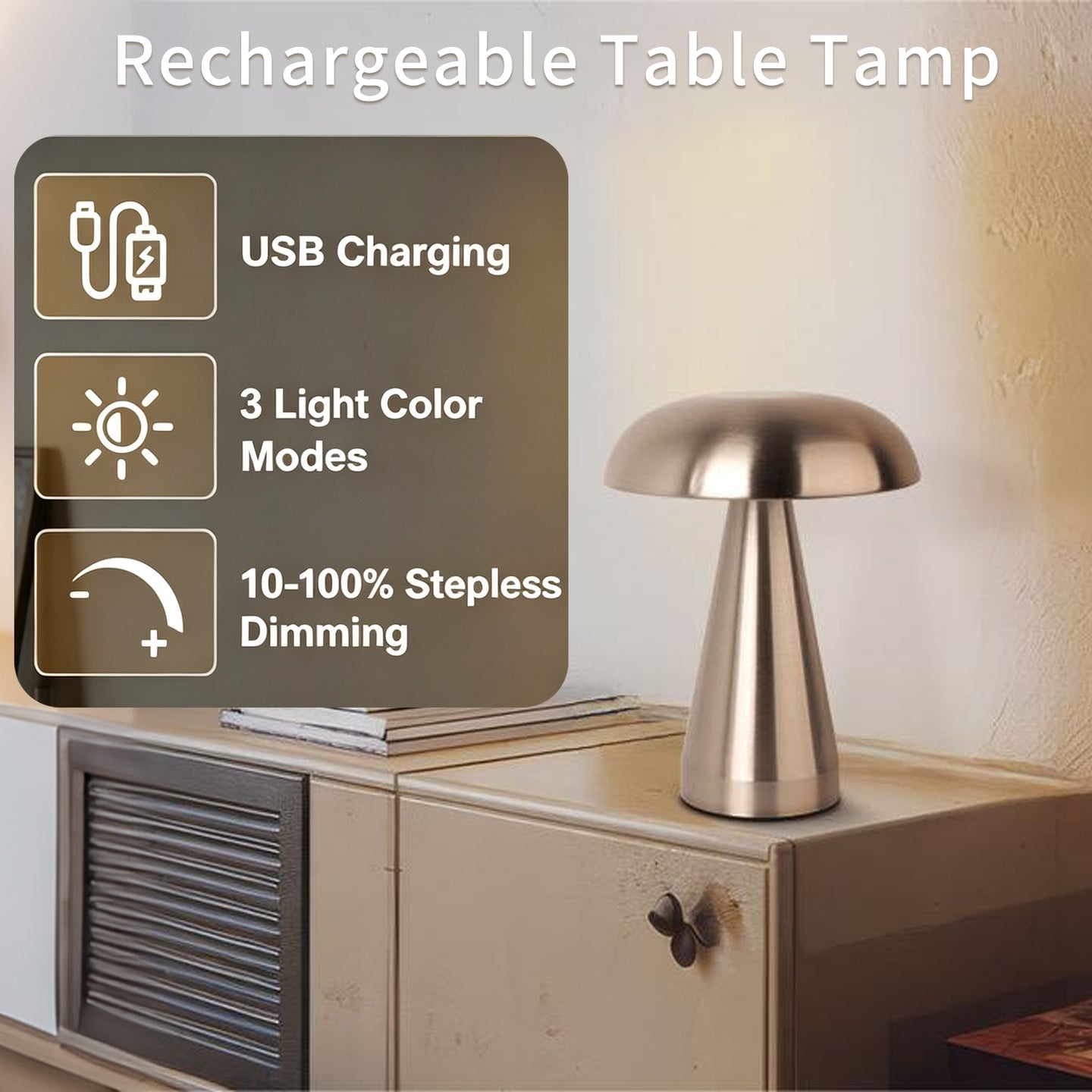 Portable Mushroom LED Table Lamp - Cordless Touch Dimmable Retro Bedside Nightlight