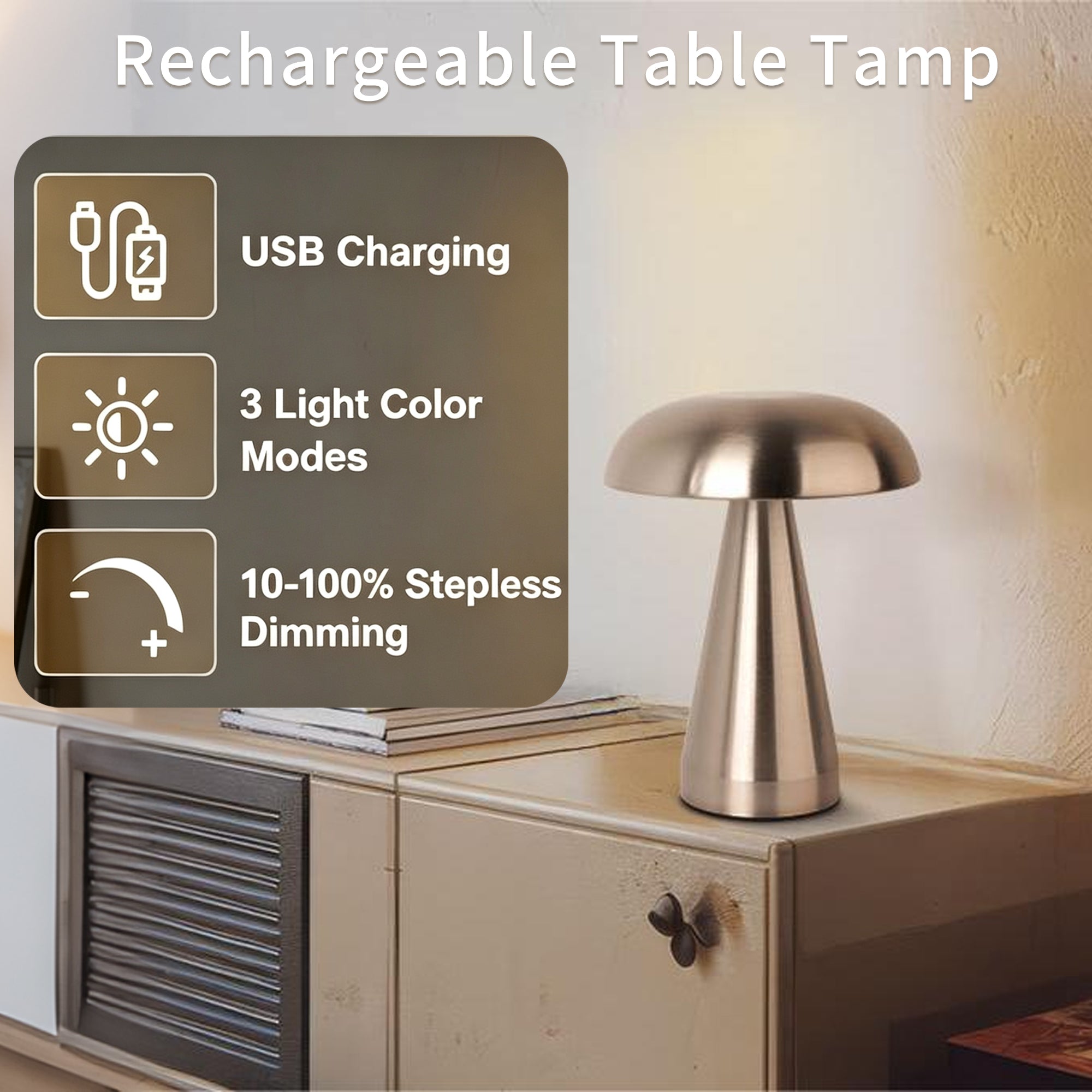 Portable Mushroom LED Table Lamp - Cordless Touch Dimmable Retro Bedside Nightlight