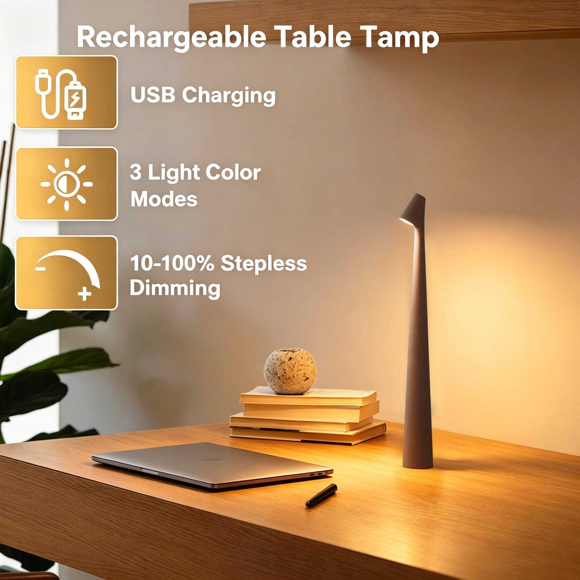 Minimalist Sculptural Cordless Table Lamp with Touch Dimming
