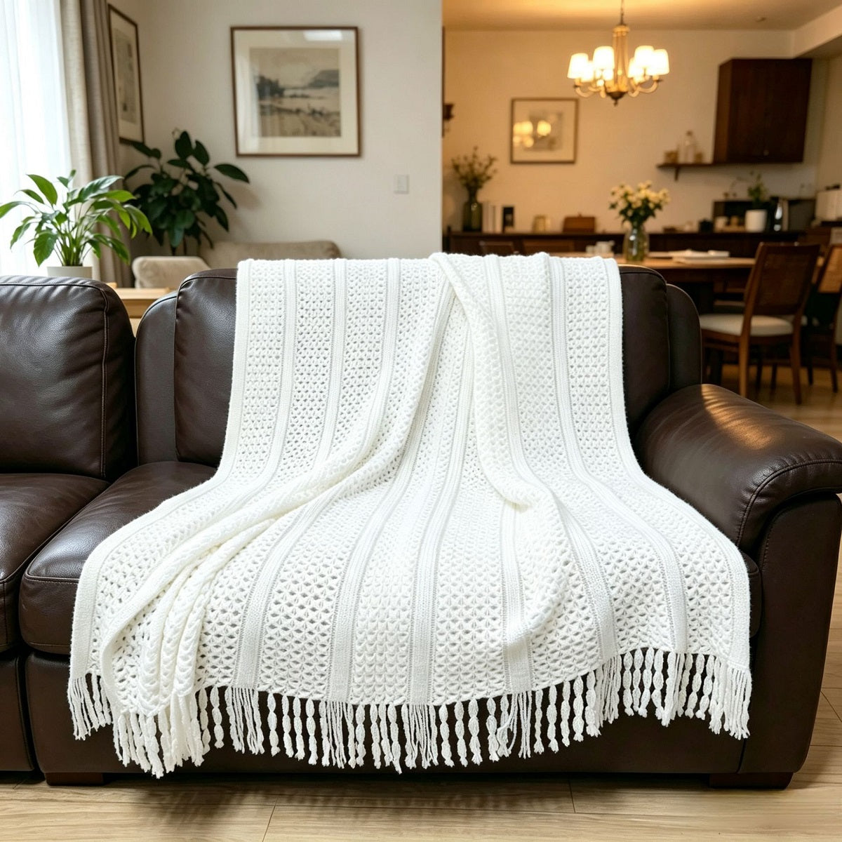 Soft Cable-Knit Throw Blanket with Fringe Tassels