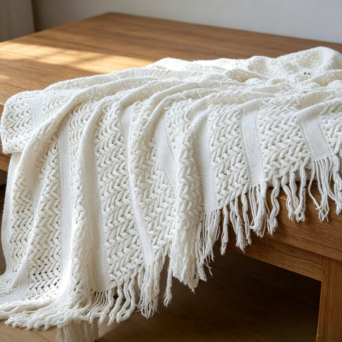 Soft Cable-Knit Throw Blanket with Fringe Tassels