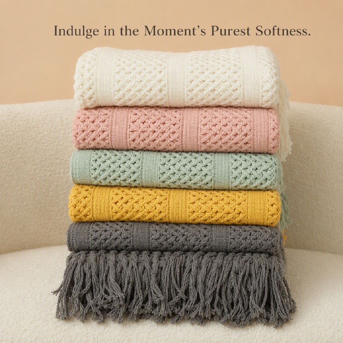 Soft Cable-Knit Throw Blanket with Fringe Tassels