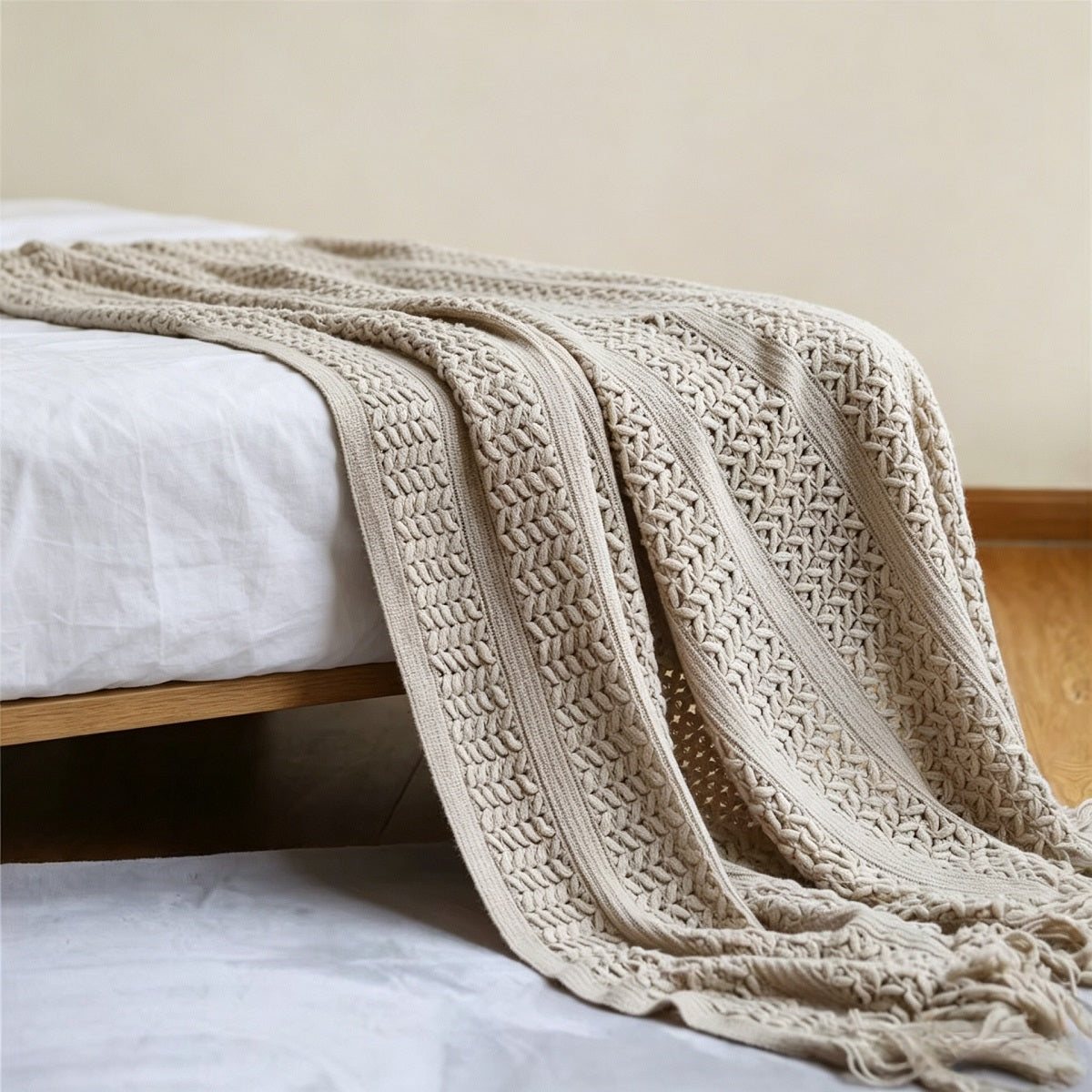 Soft Cable-Knit Throw Blanket with Fringe Tassels