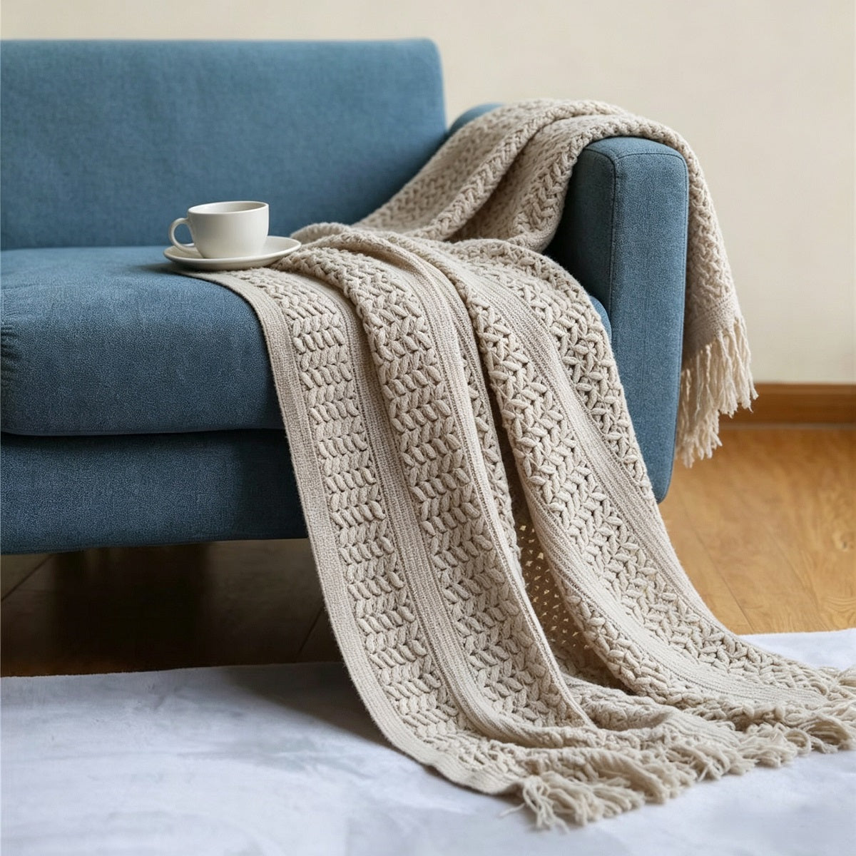 Soft Cable-Knit Throw Blanket with Fringe Tassels