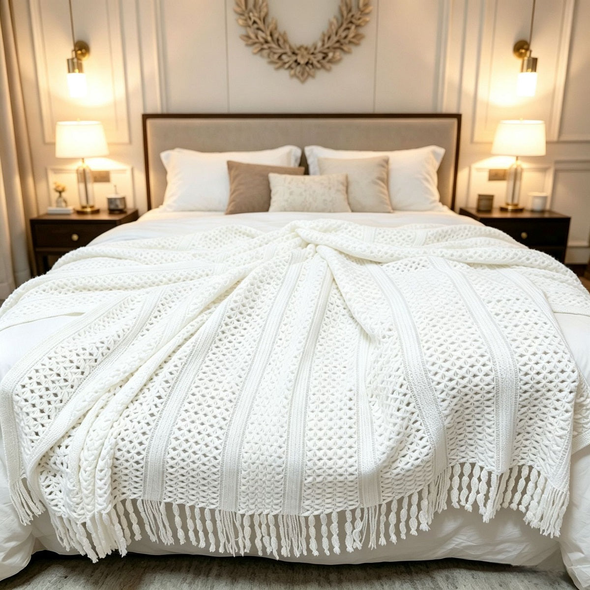 Soft Cable-Knit Throw Blanket with Fringe Tassels