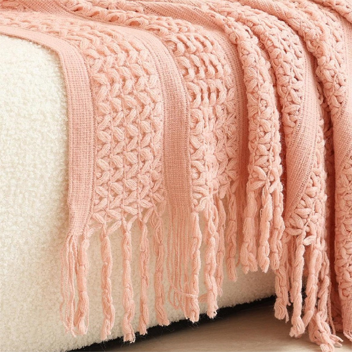 Soft Cable-Knit Throw Blanket with Fringe Tassels