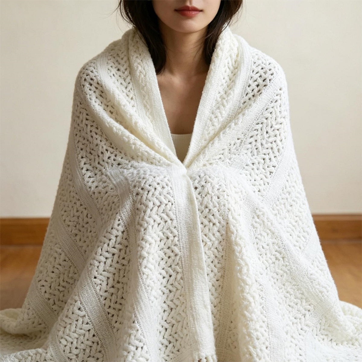 Soft Cable-Knit Throw Blanket with Fringe Tassels