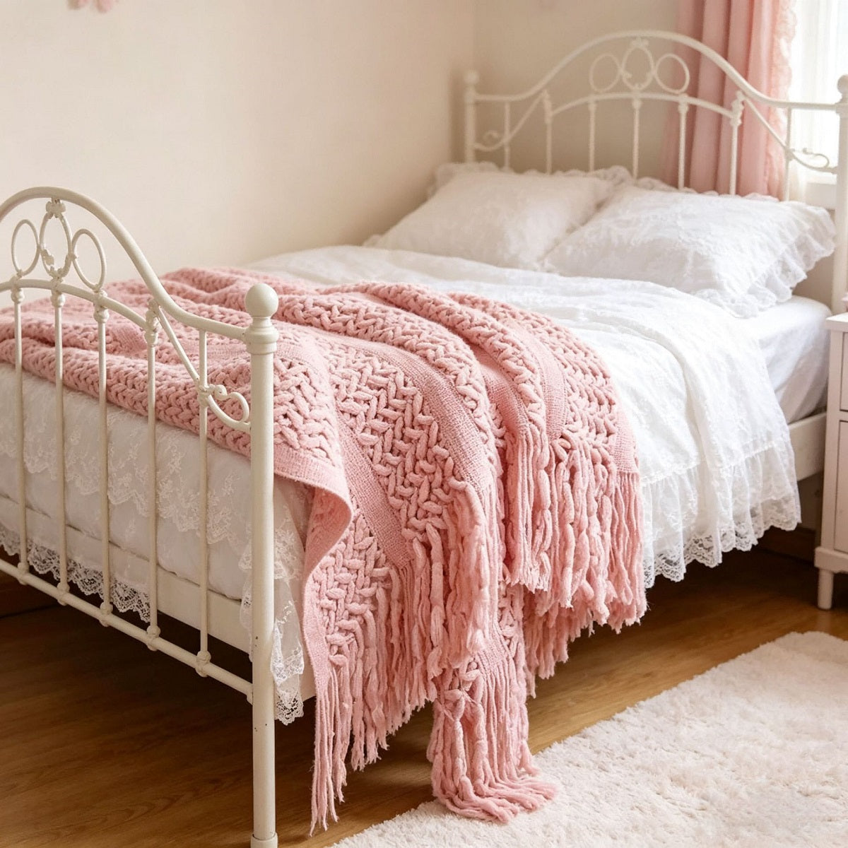 Soft Cable-Knit Throw Blanket with Fringe Tassels