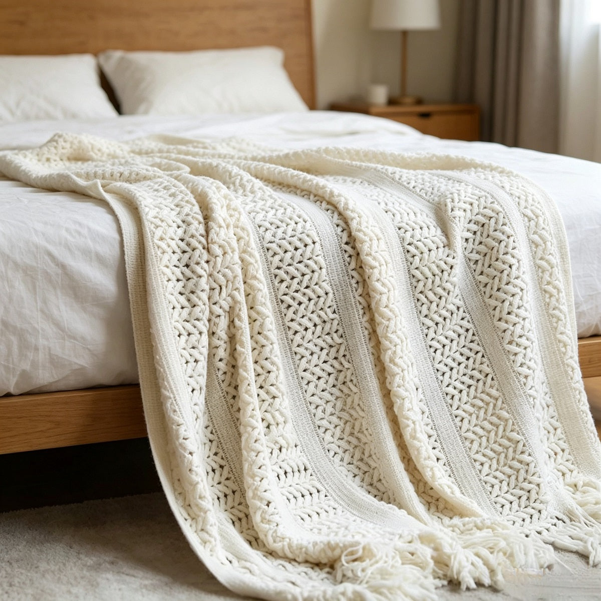 Soft Cable-Knit Throw Blanket with Fringe Tassels
