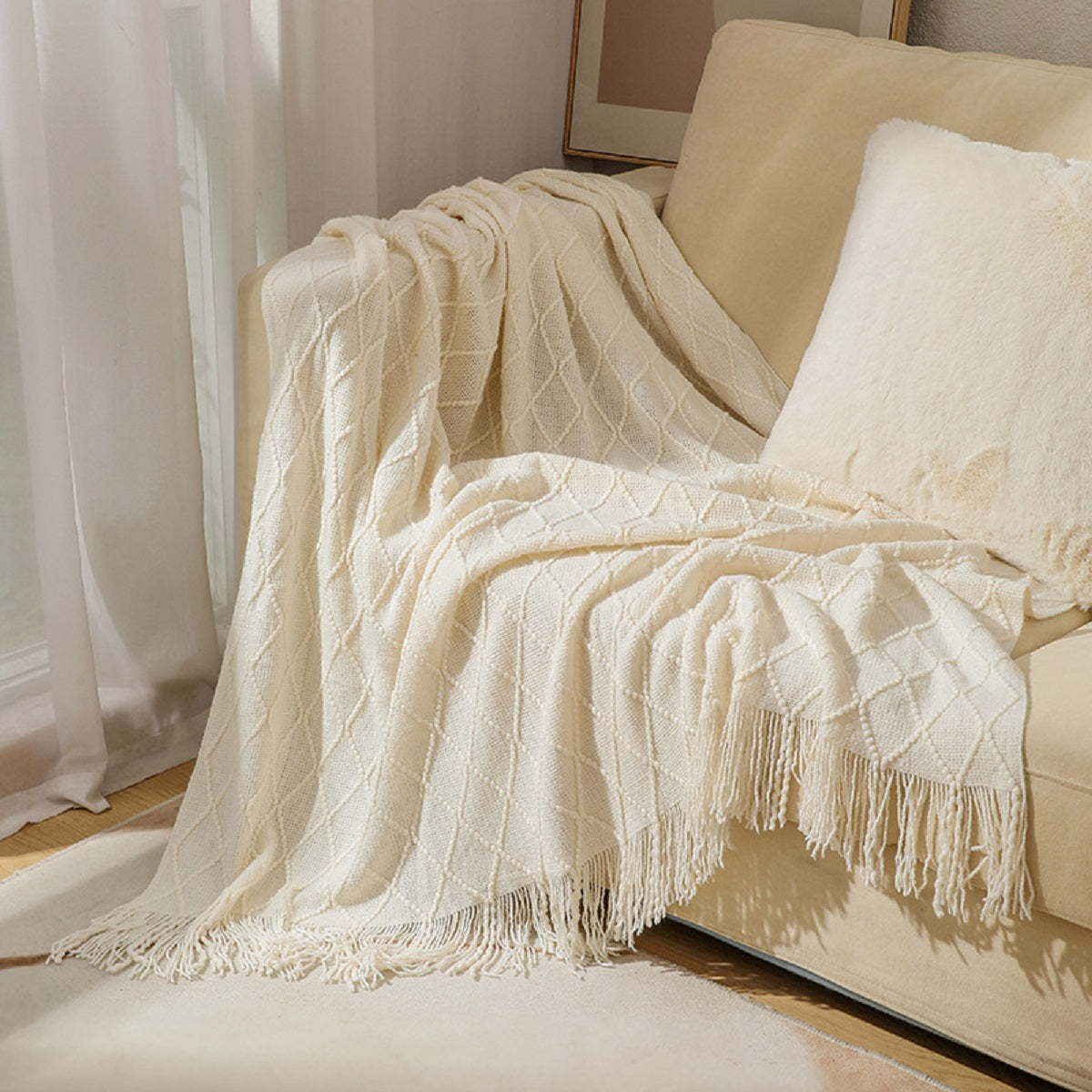 Textured Diamond Knitted Throw Blanket with Fringe Tassels