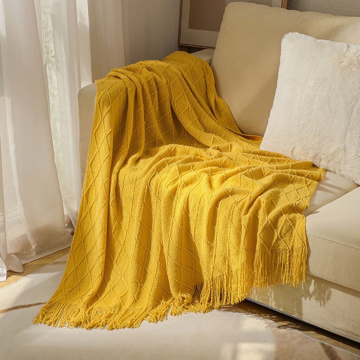 Textured Diamond Knitted Throw Blanket with Fringe Tassels
