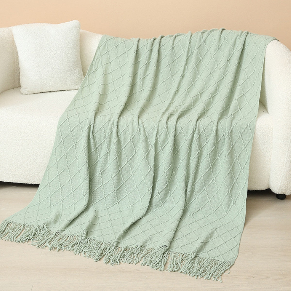 Textured Diamond Knitted Throw Blanket with Fringe Tassels