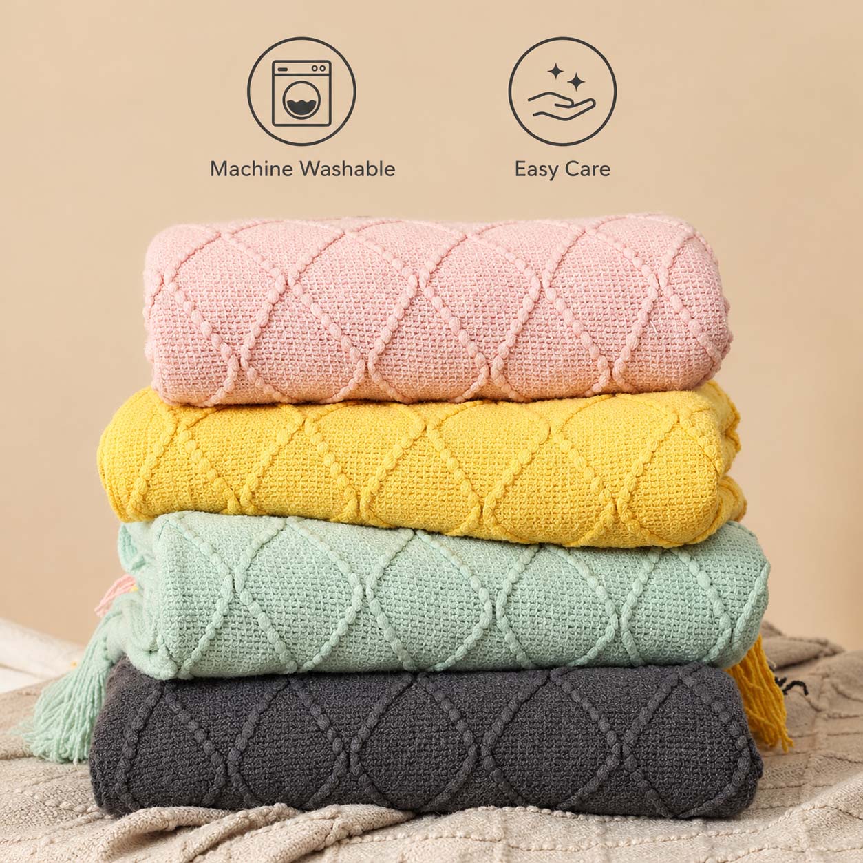 Textured Diamond Knitted Throw Blanket with Fringe Tassels