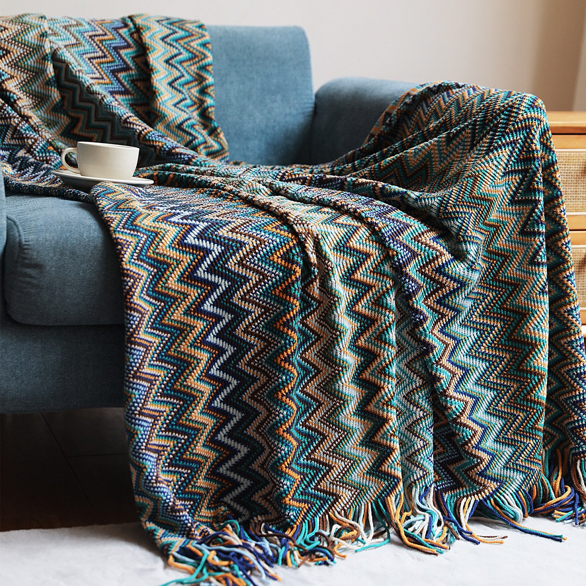Boho Chevron Knitted Throw Blanket with Fringe Tassels