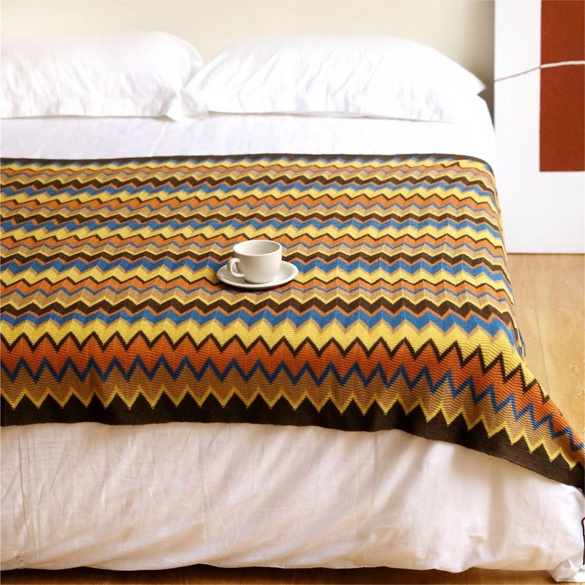 Boho Chevron Knitted Throw Blanket with Fringe Tassels