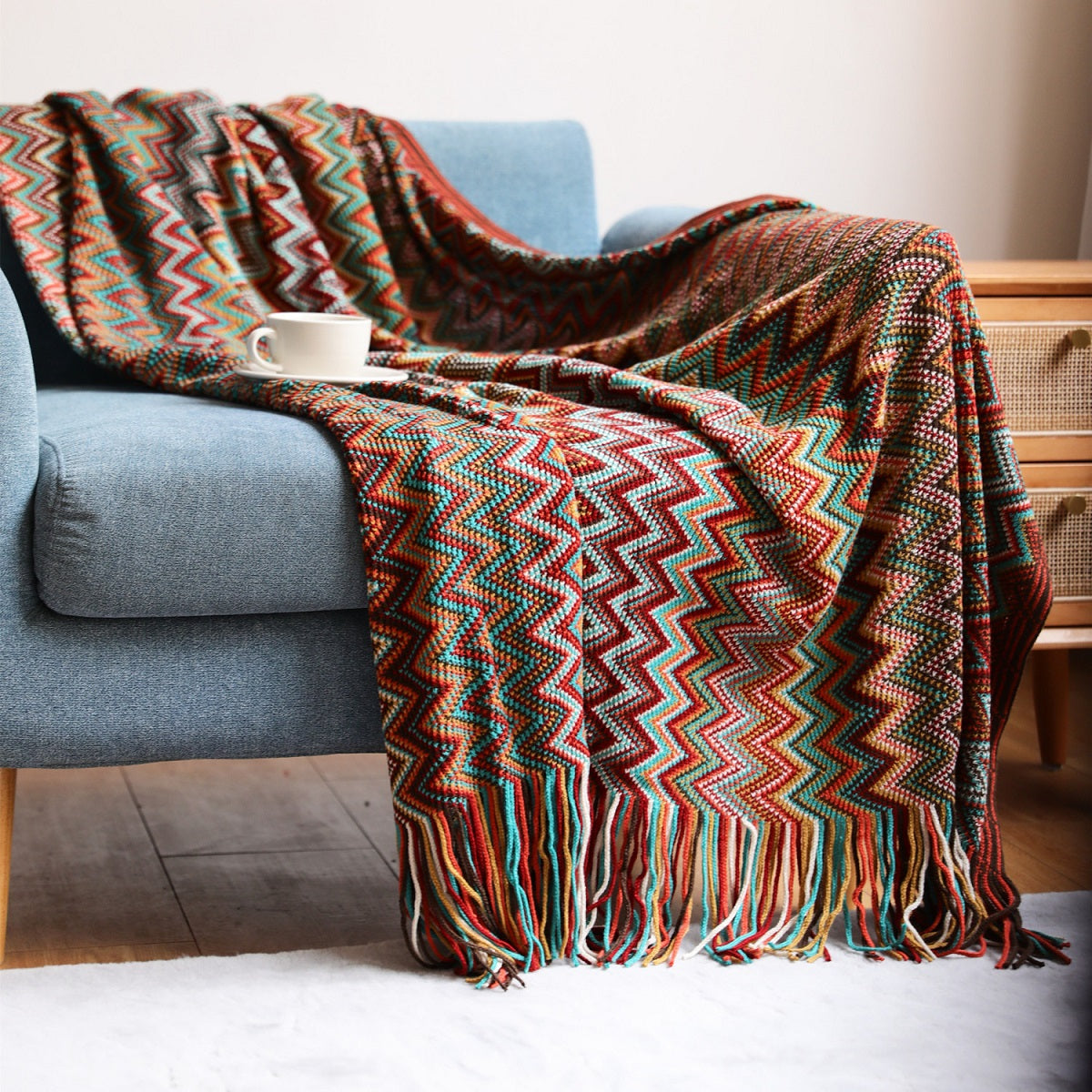 Boho Chevron Knitted Throw Blanket with Fringe Tassels