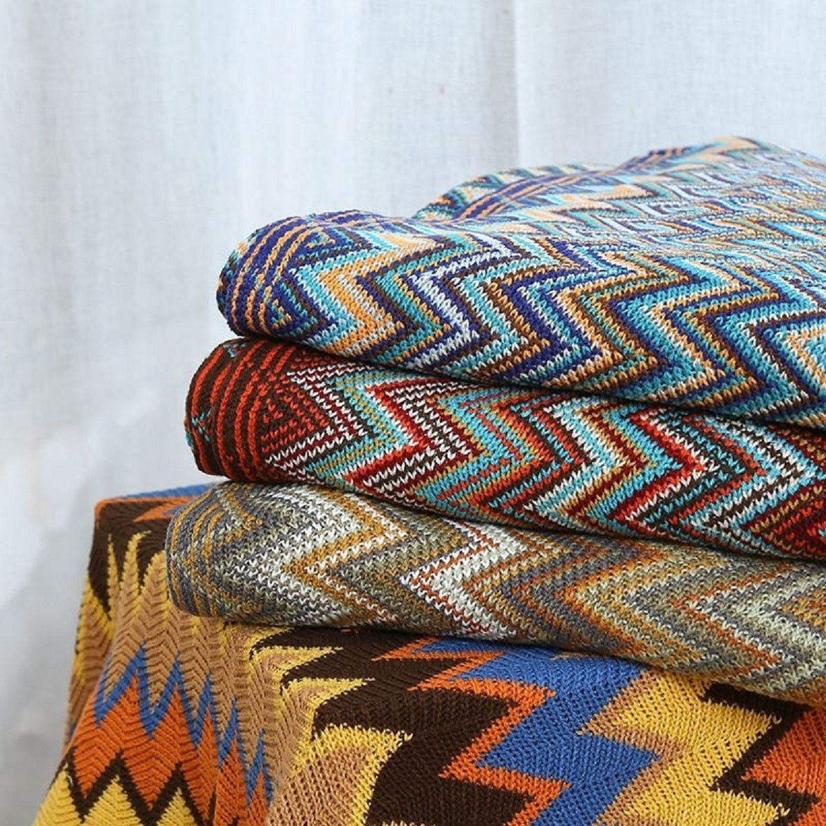Boho Chevron Knitted Throw Blanket with Fringe Tassels