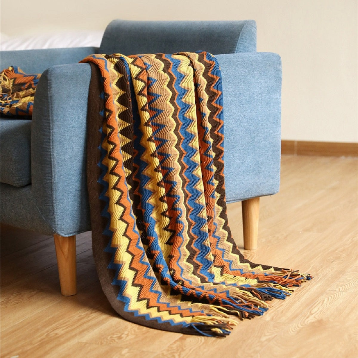 Boho Chevron Knitted Throw Blanket with Fringe Tassels