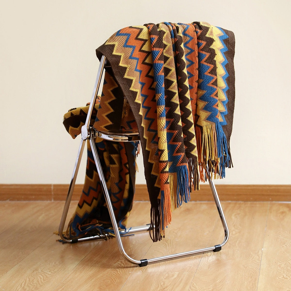 Boho Chevron Knitted Throw Blanket with Fringe Tassels