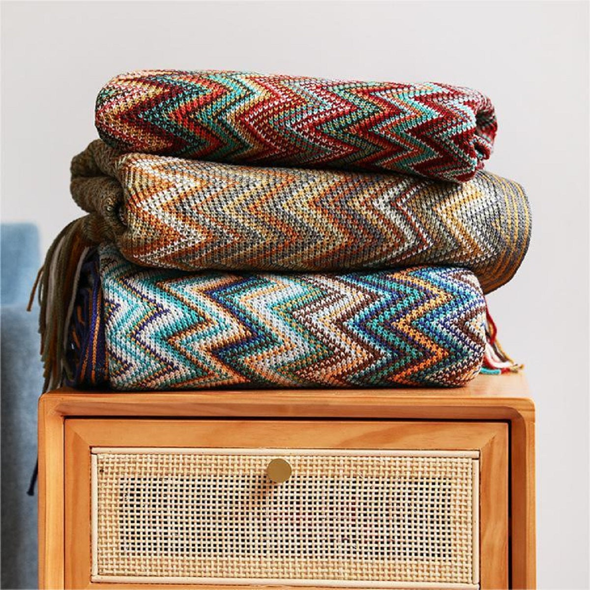 Boho Chevron Knitted Throw Blanket with Fringe Tassels