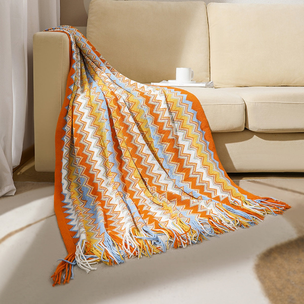 Boho Chevron Knitted Throw Blanket with Fringe Tassels