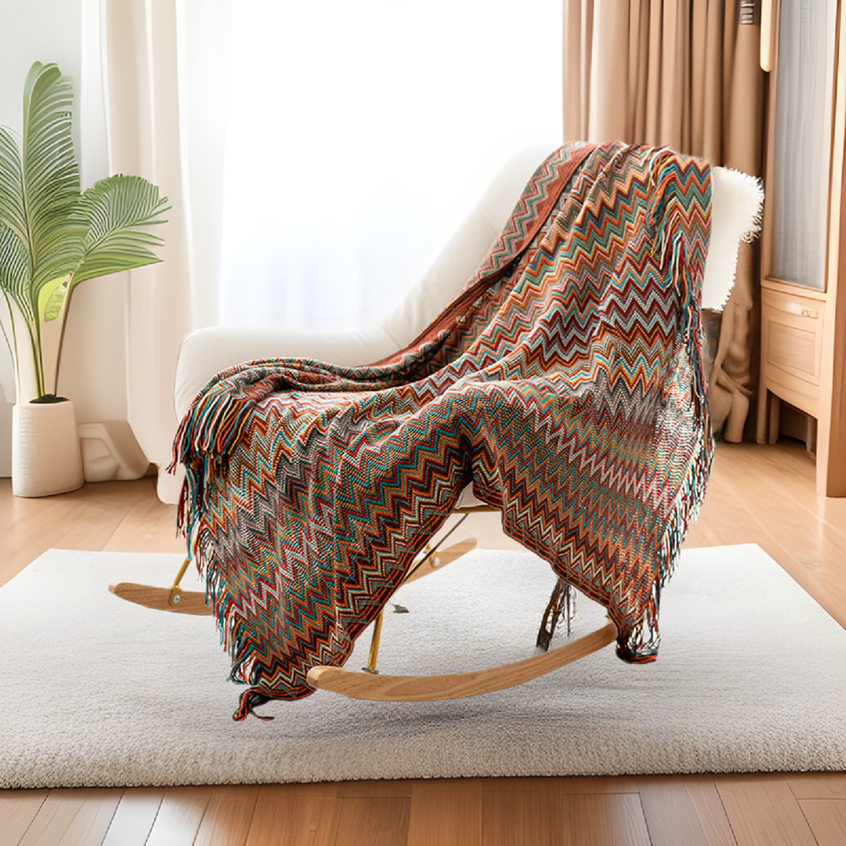Boho Chevron Knitted Throw Blanket with Fringe Tassels