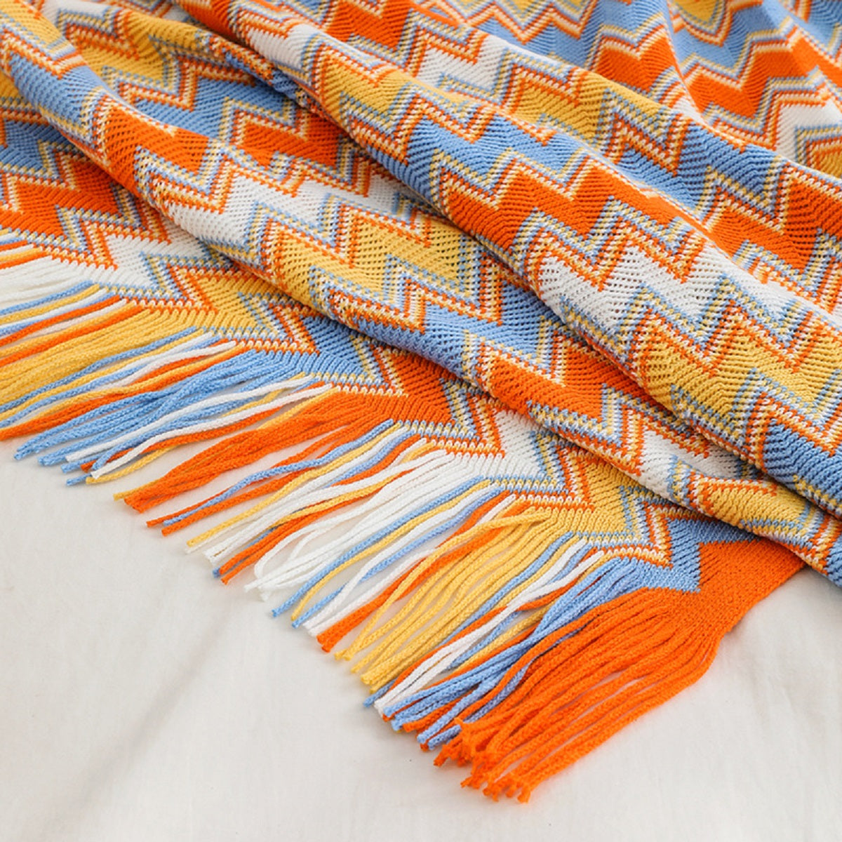 Boho Chevron Knitted Throw Blanket with Fringe Tassels