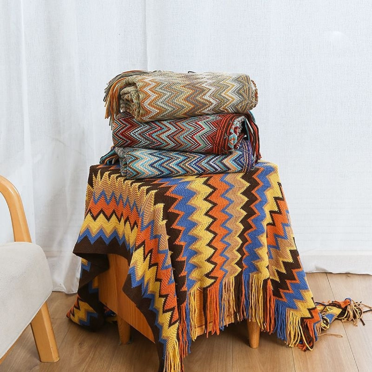 Boho Chevron Knitted Throw Blanket with Fringe Tassels