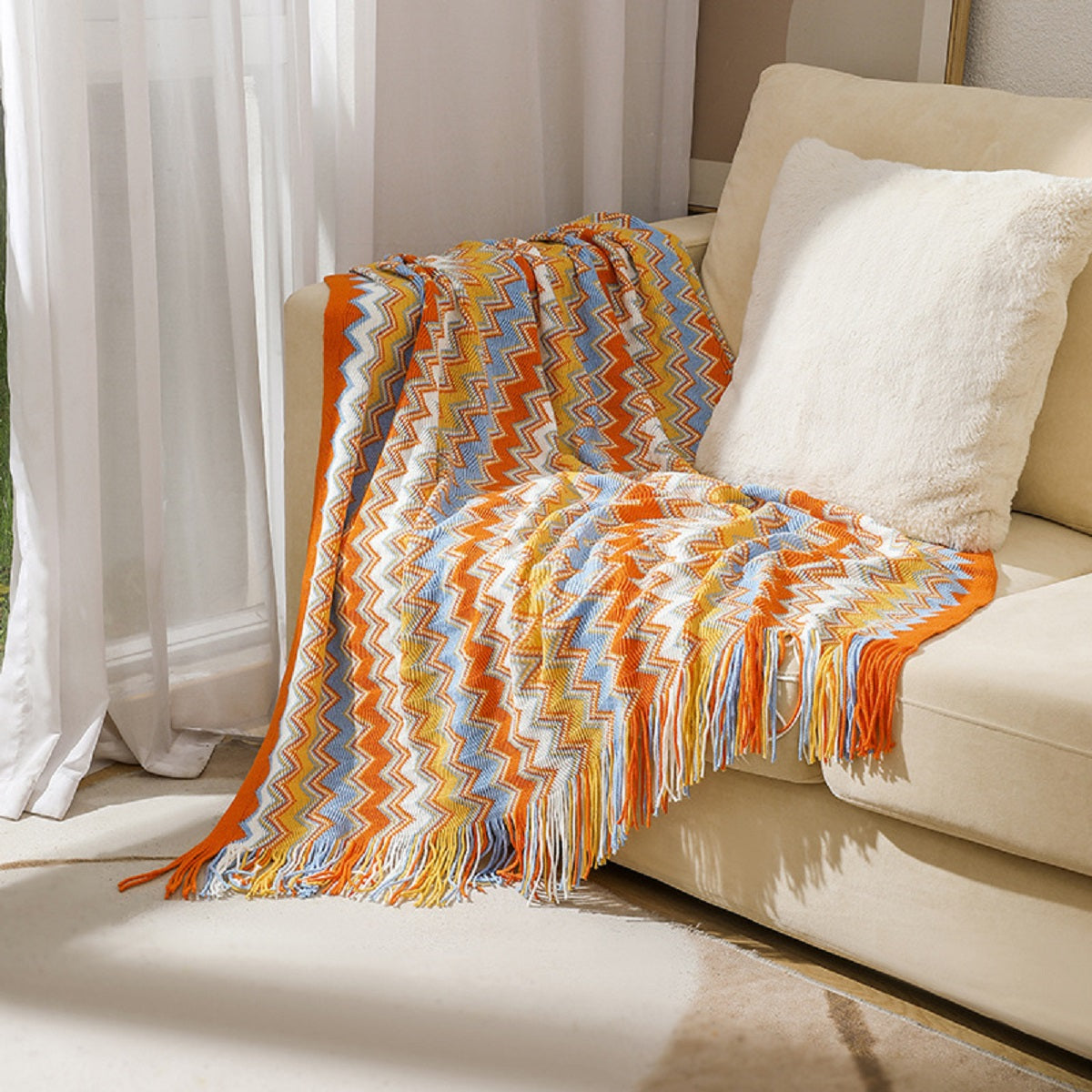 Boho Chevron Knitted Throw Blanket with Fringe Tassels