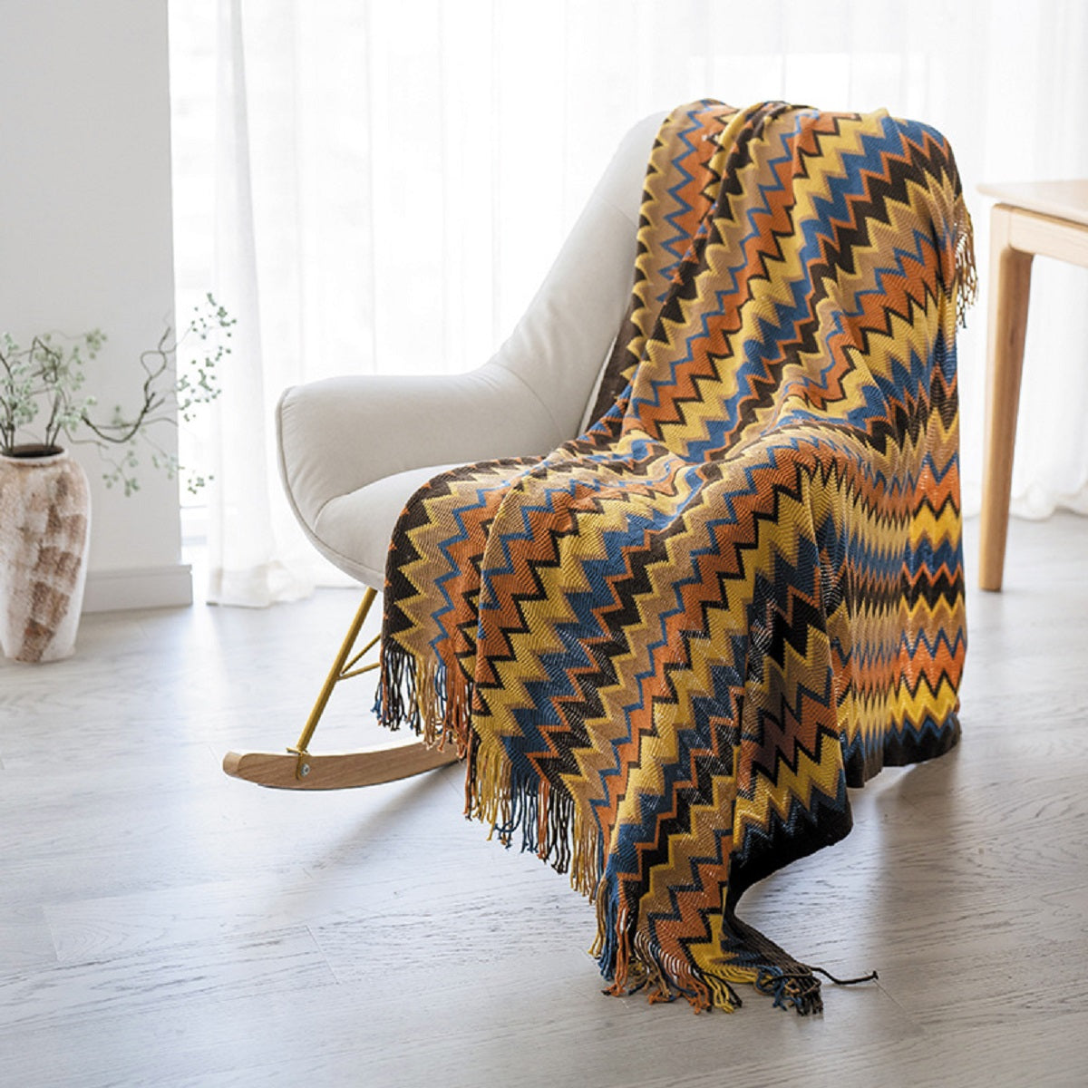 Boho Chevron Knitted Throw Blanket with Fringe Tassels