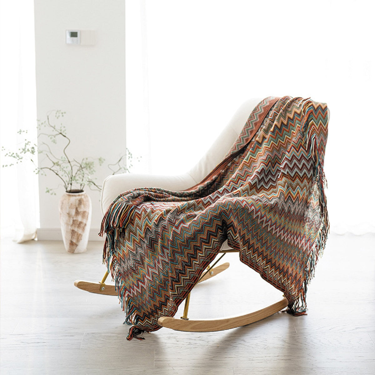 Boho Chevron Knitted Throw Blanket with Fringe Tassels